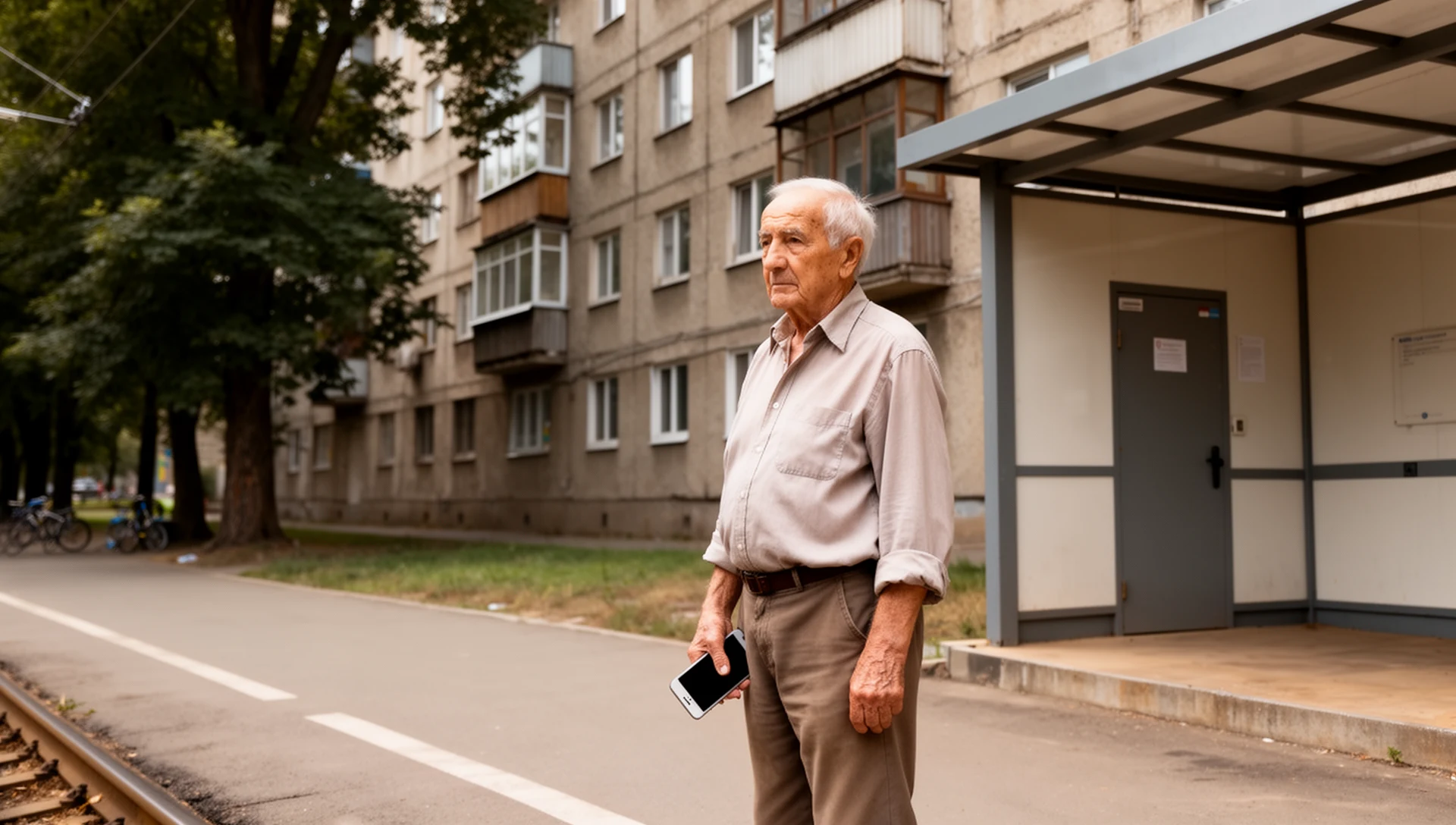 An elderly Ukrainian man confidently uses his simplified smartphone while waiting at a tram stop, showcasing independence in daily routines.
