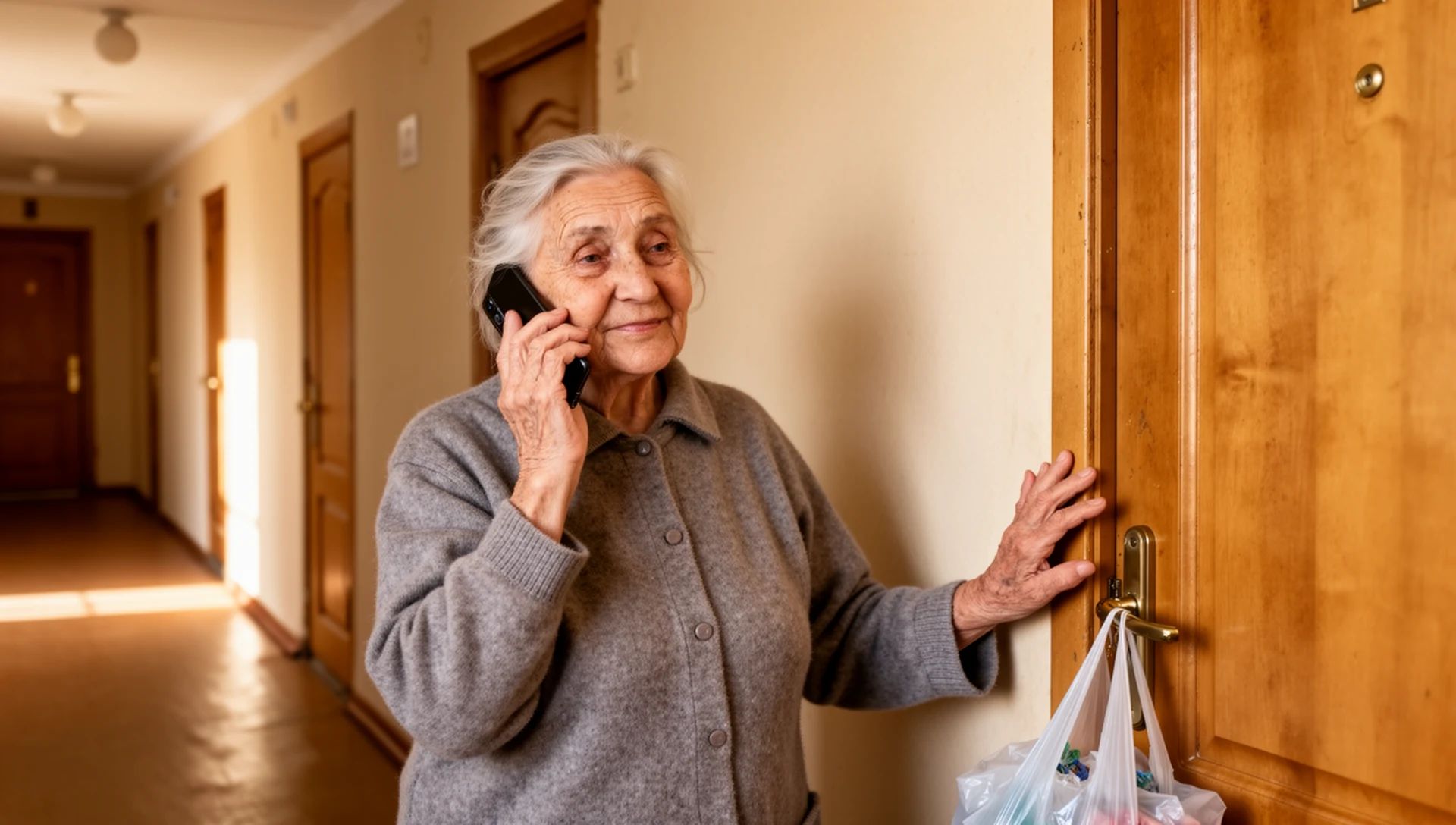 An elderly Ukrainian woman makes a calm phone call in the corridor of her apartment building, demonstrating easy connection with her simplified smartphone.