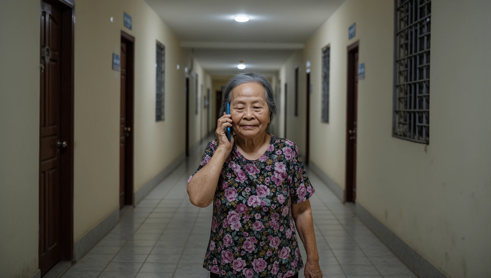 An older woman makes a confident phone call in her apartment corridor, demonstrating seamless communication after her errands.