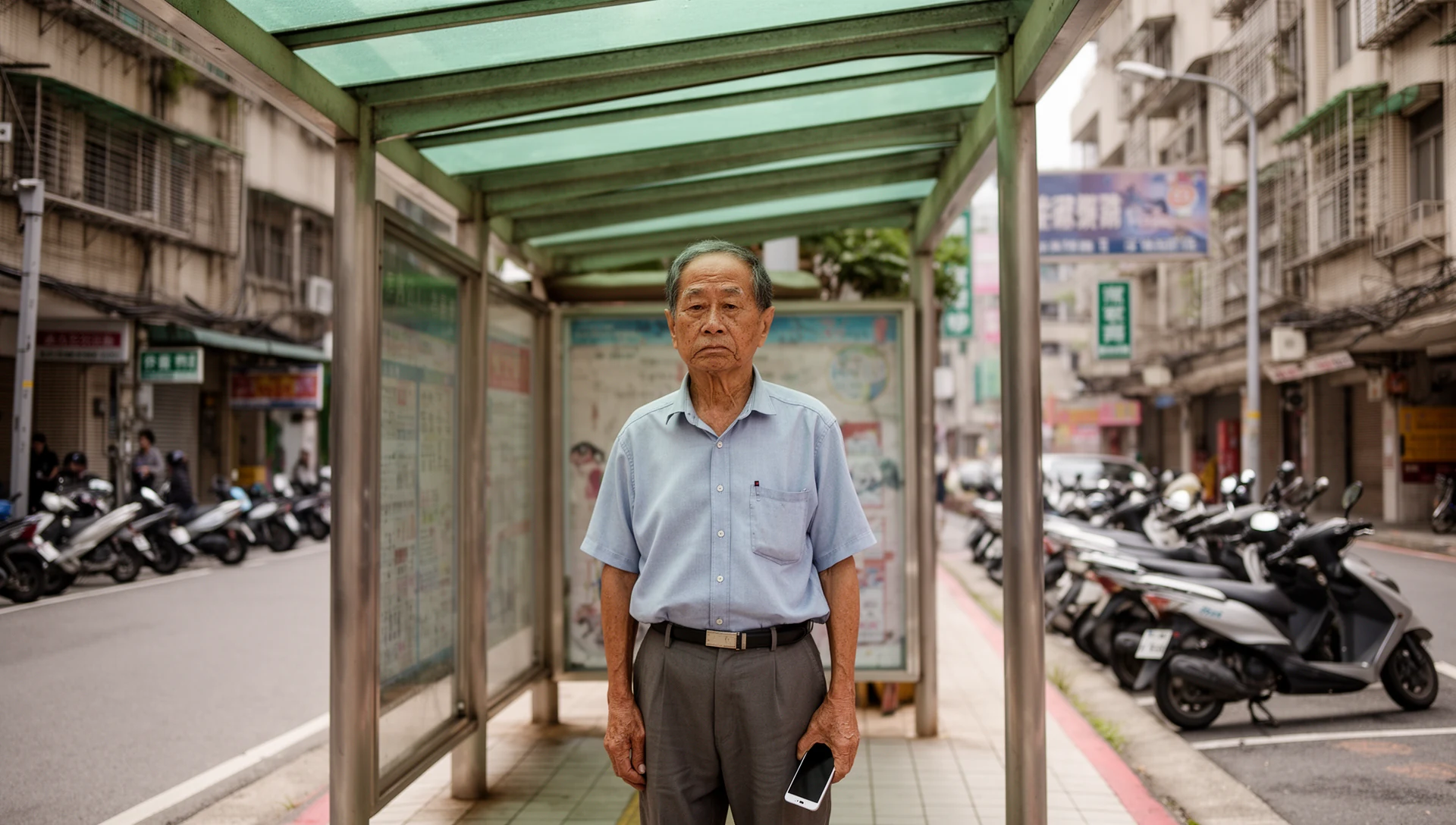 An older man uses his simplified phone while waiting at a Taiwanese bus stop, demonstrating independence in daily transit.
