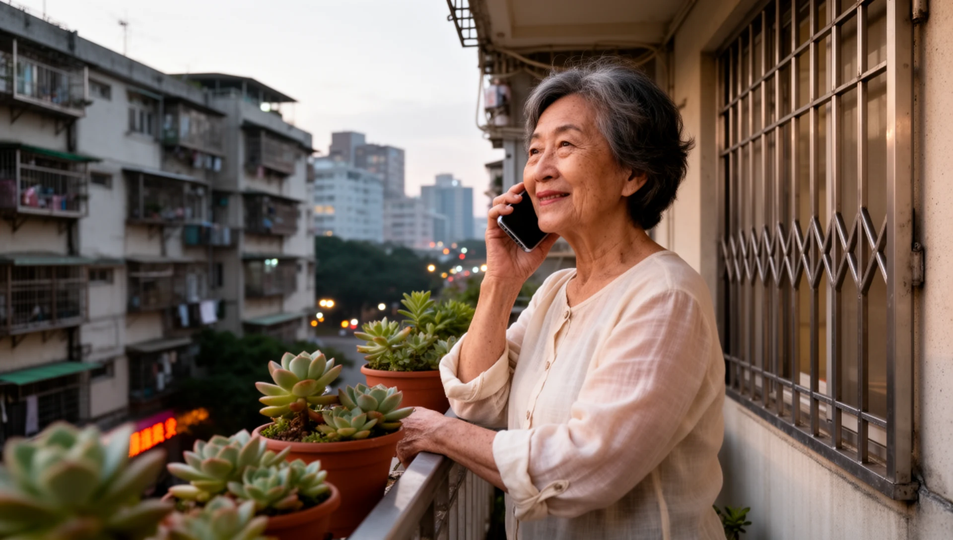 An older Taiwanese woman makes a relaxed phone call from her apartment balcony, enjoying the ease of her simplified phone.
