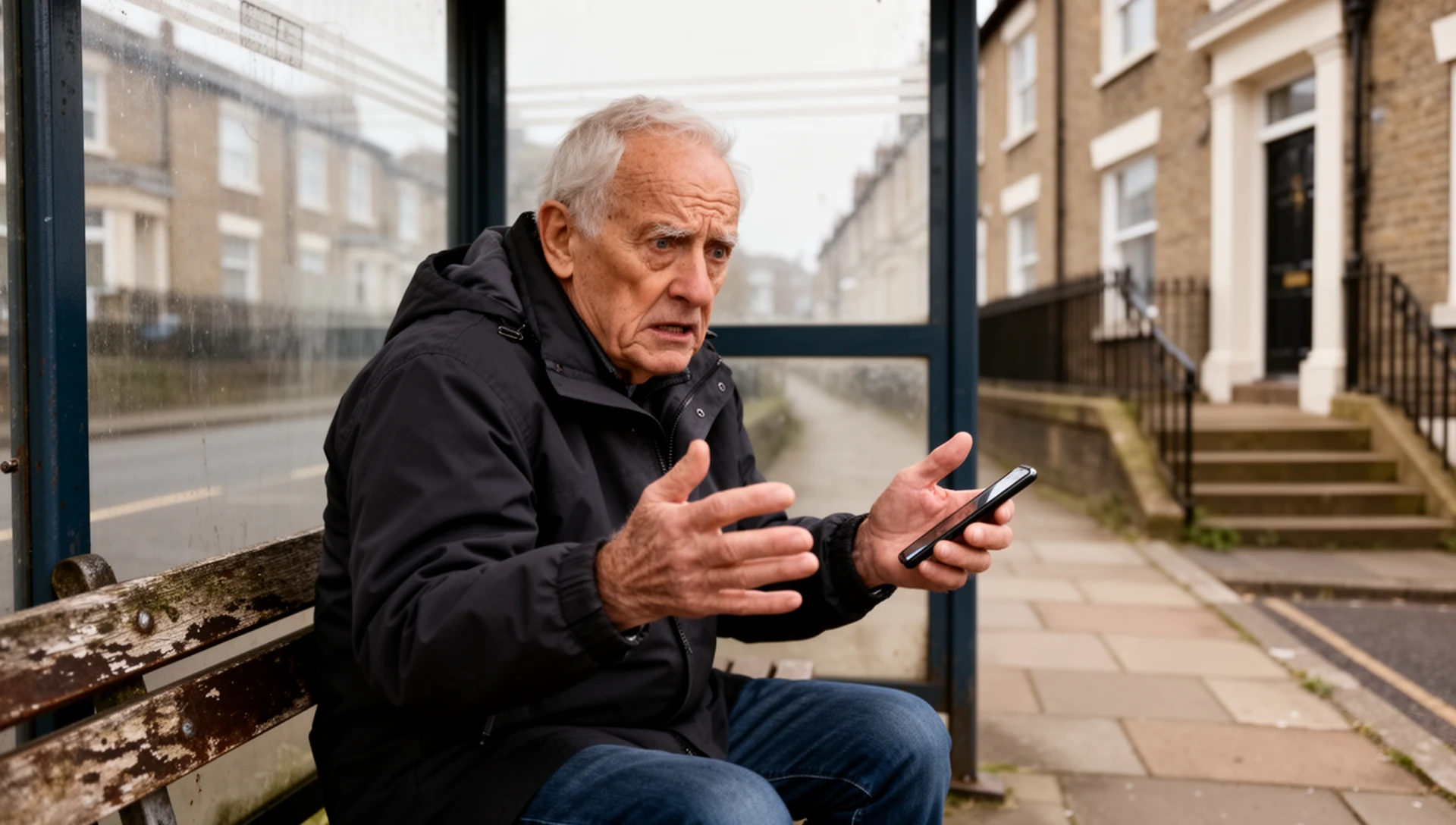 Older man struggling with a standard smartphone while waiting at a bus stop.
