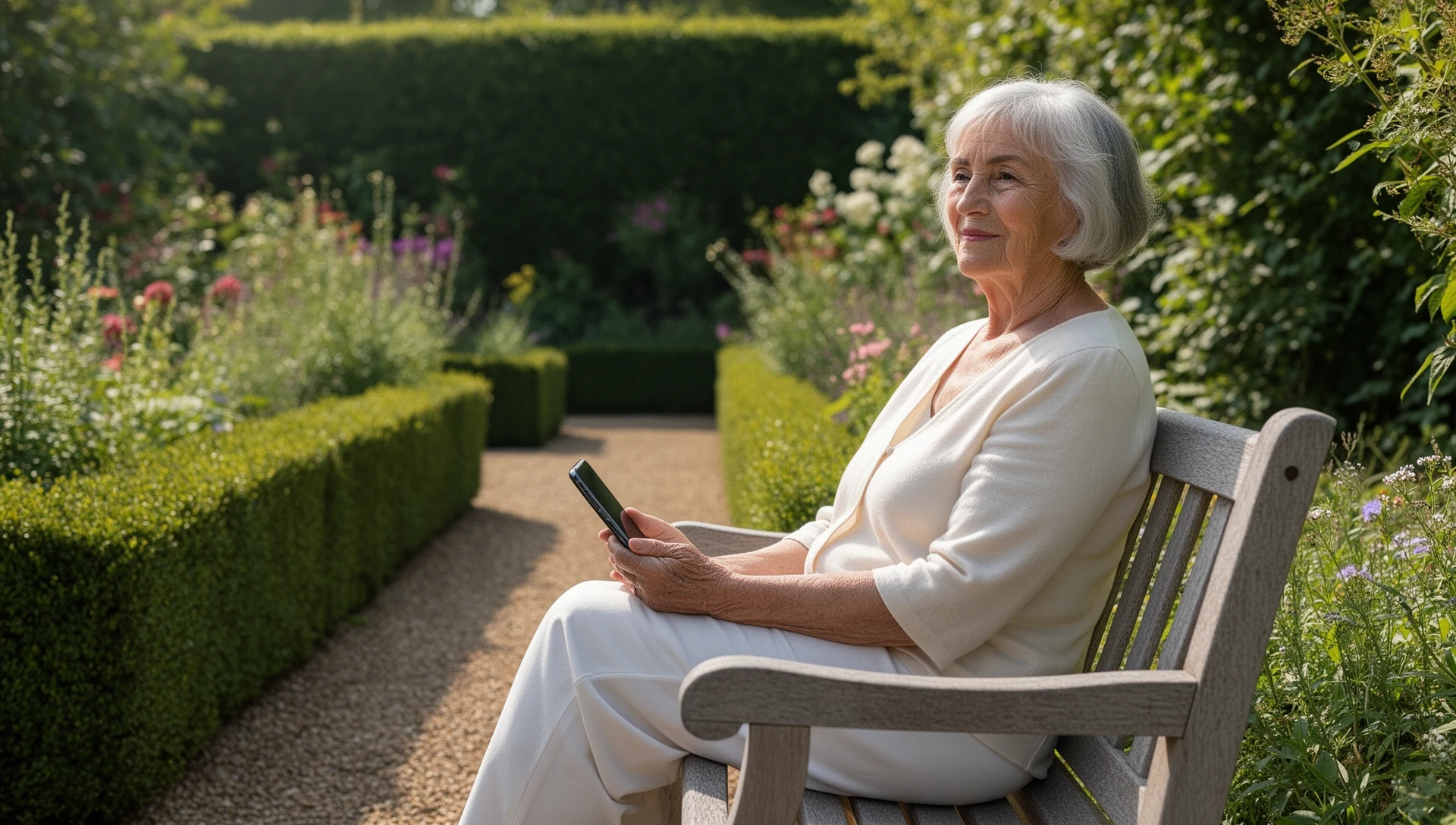 Older woman using one smartphone calmly in a garden after the phone has been simplified.