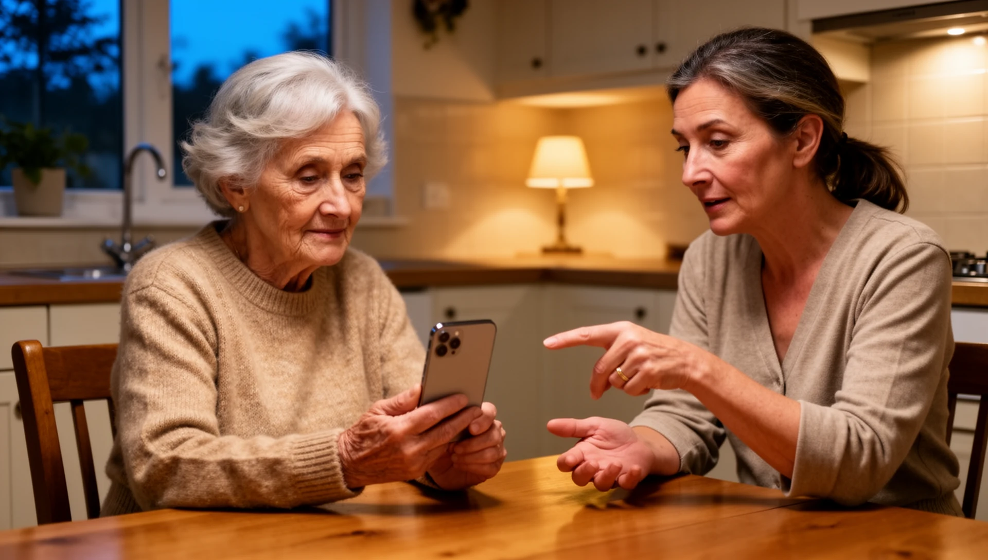 Older woman and adult family member setting up one shared smartphone at a kitchen table.