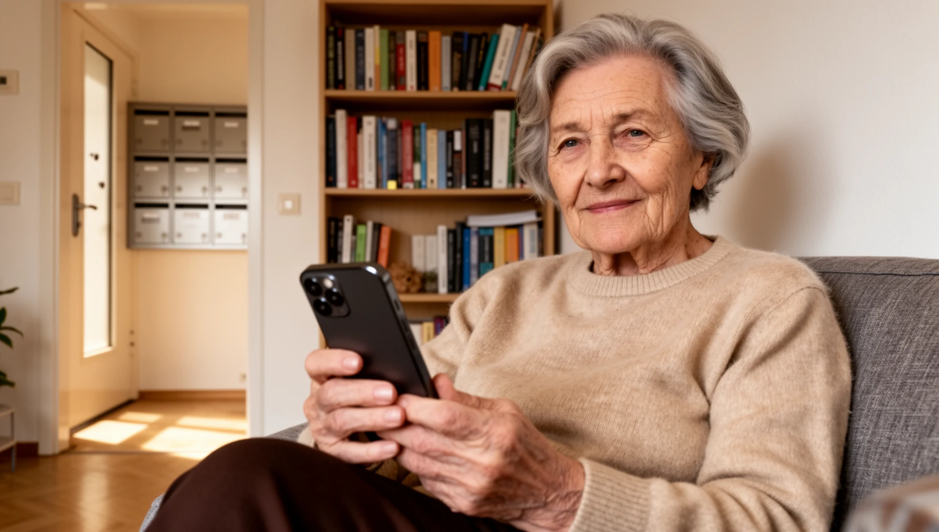 Eine ältere Frau nutzt ihr Smartphone ruhig und selbstständig zu Hause.