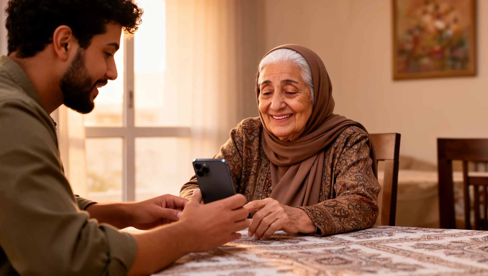 An adult child helps their elderly mother with her Android phone at the dining table, emphasizing patient support and shared learning.