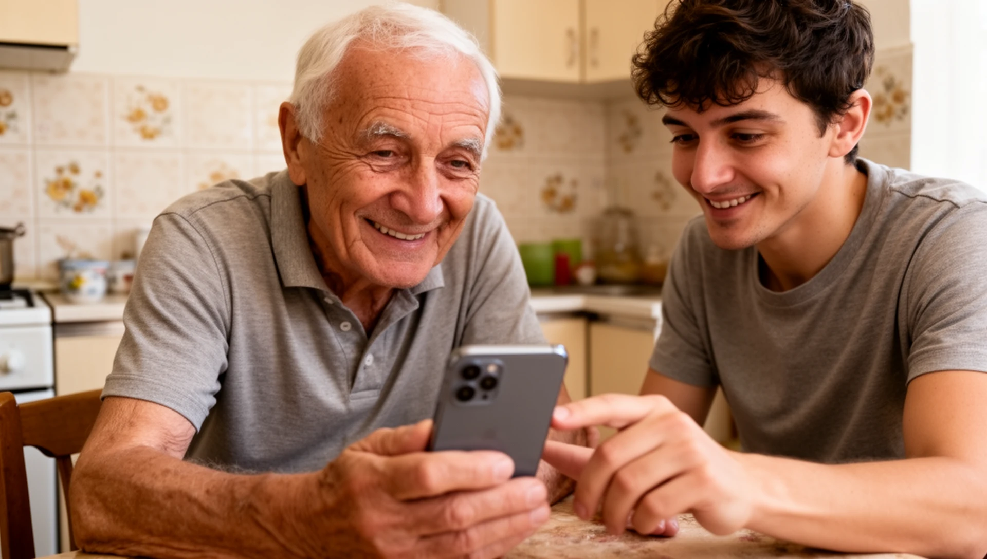 An adult daughter patiently helping her elderly father with his Android phone at a kitchen table in Bulgaria.