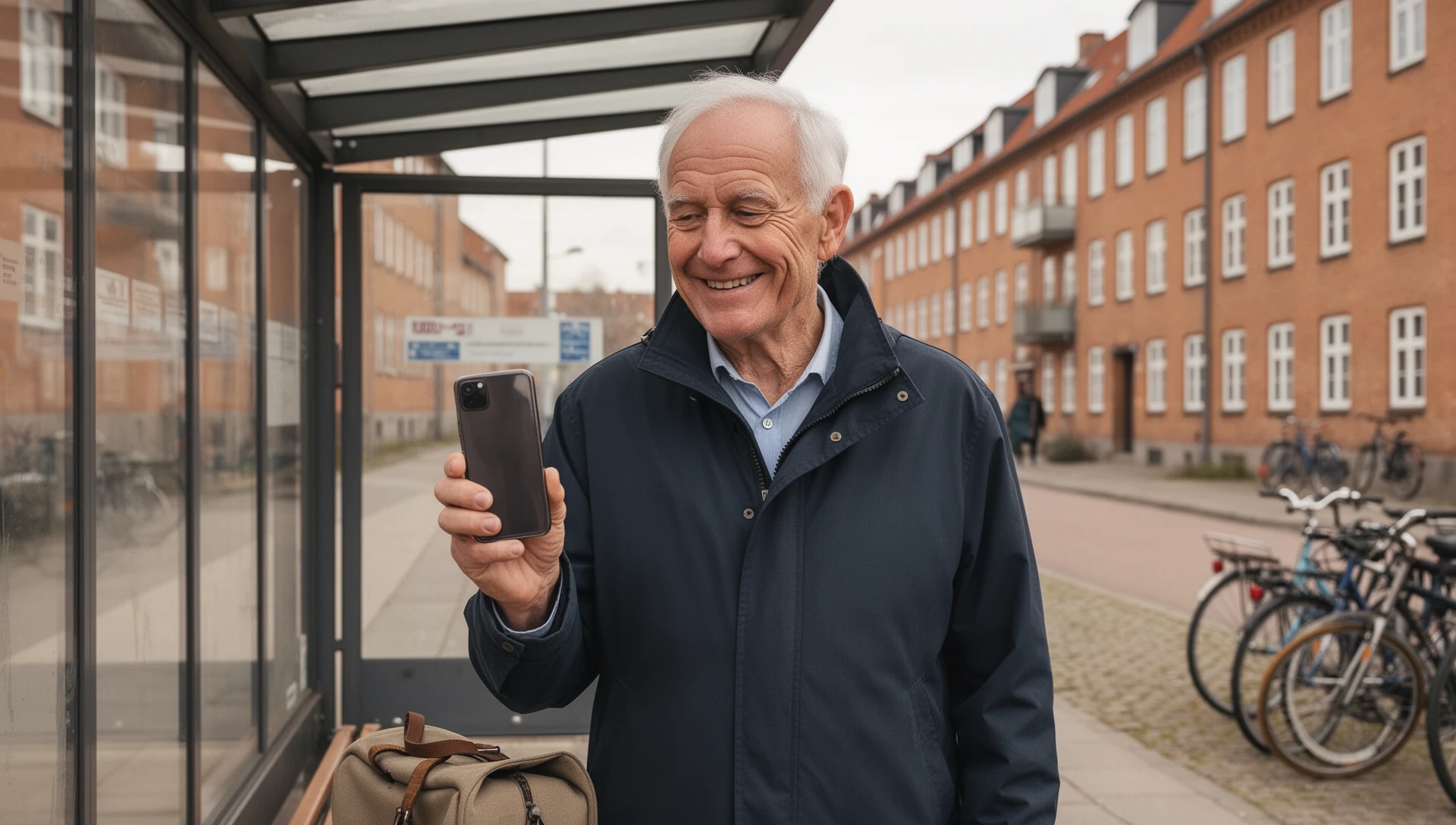 An older Danish man standing at a bus stop, looking at his smartphone held near his chest.