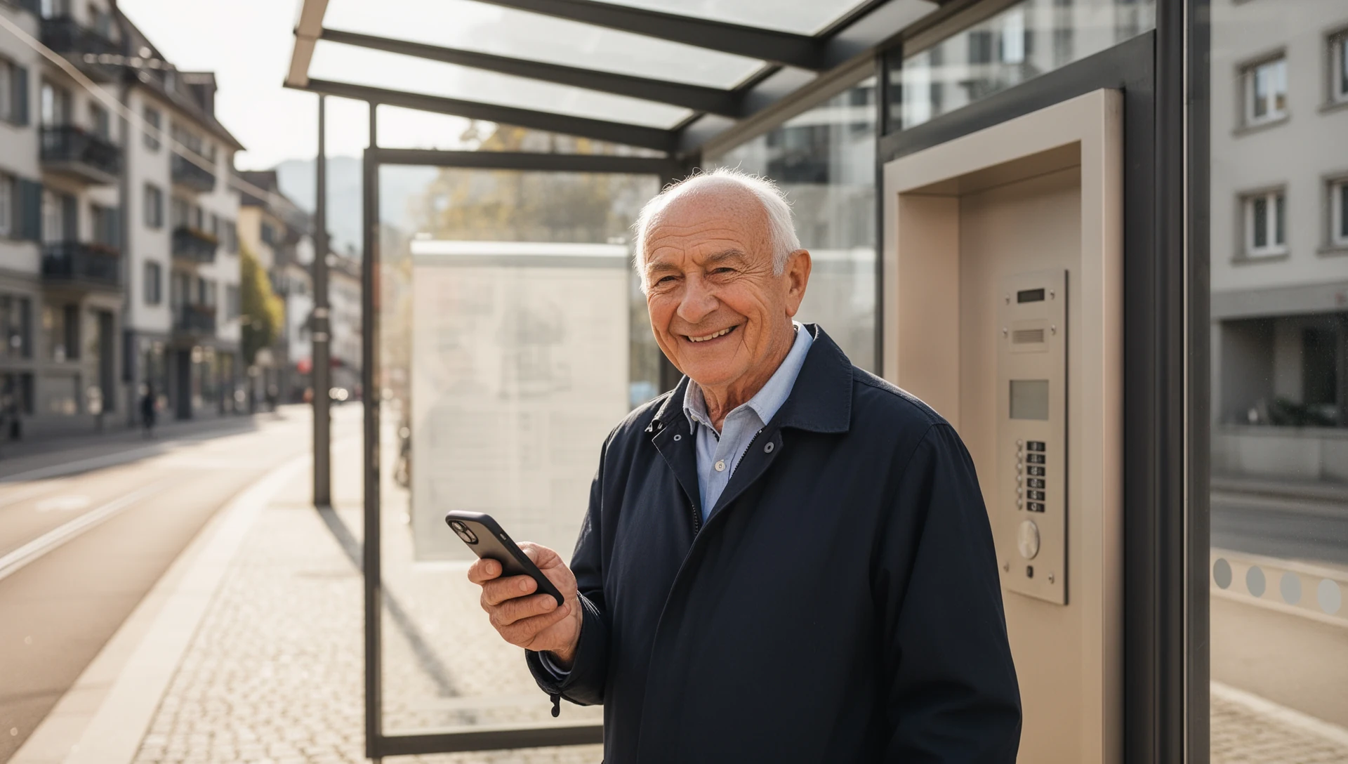 An older man confidently checking his smartphone at a Swiss tram stop, embodying independence and ease of use.