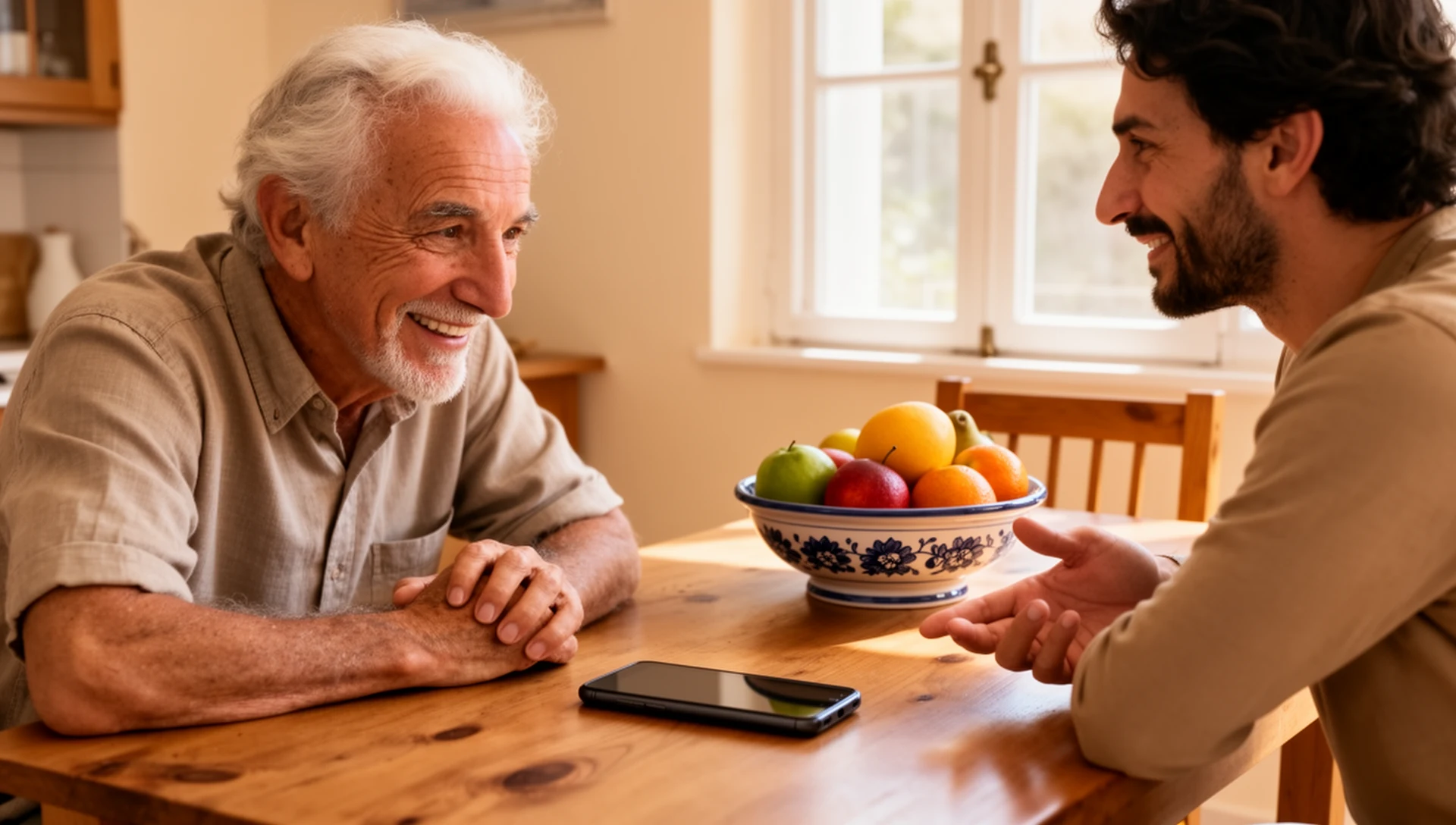 Illustrate a dignified moment of family support where an older person actively participates in making their phone easier to use.