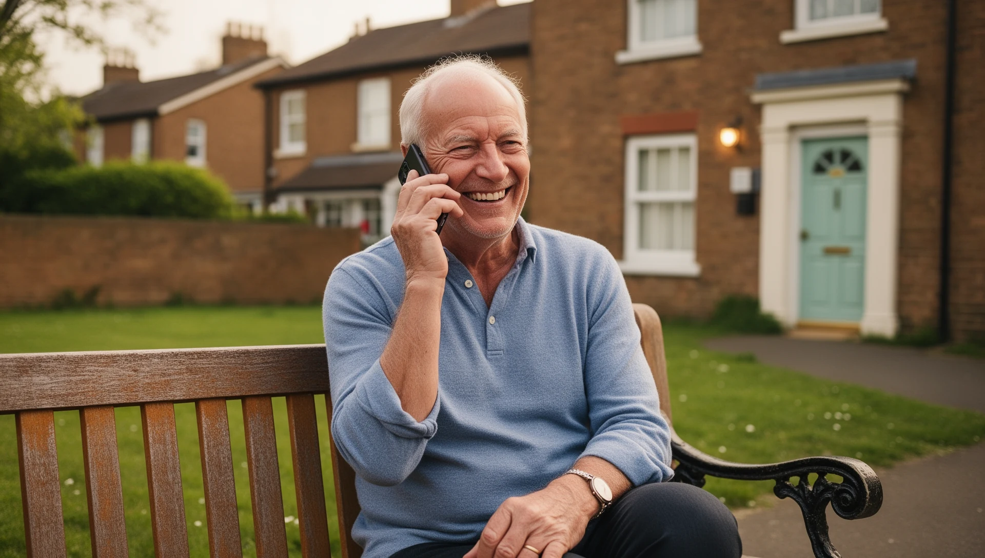 Older man smiling while making a phone call on a community bench.