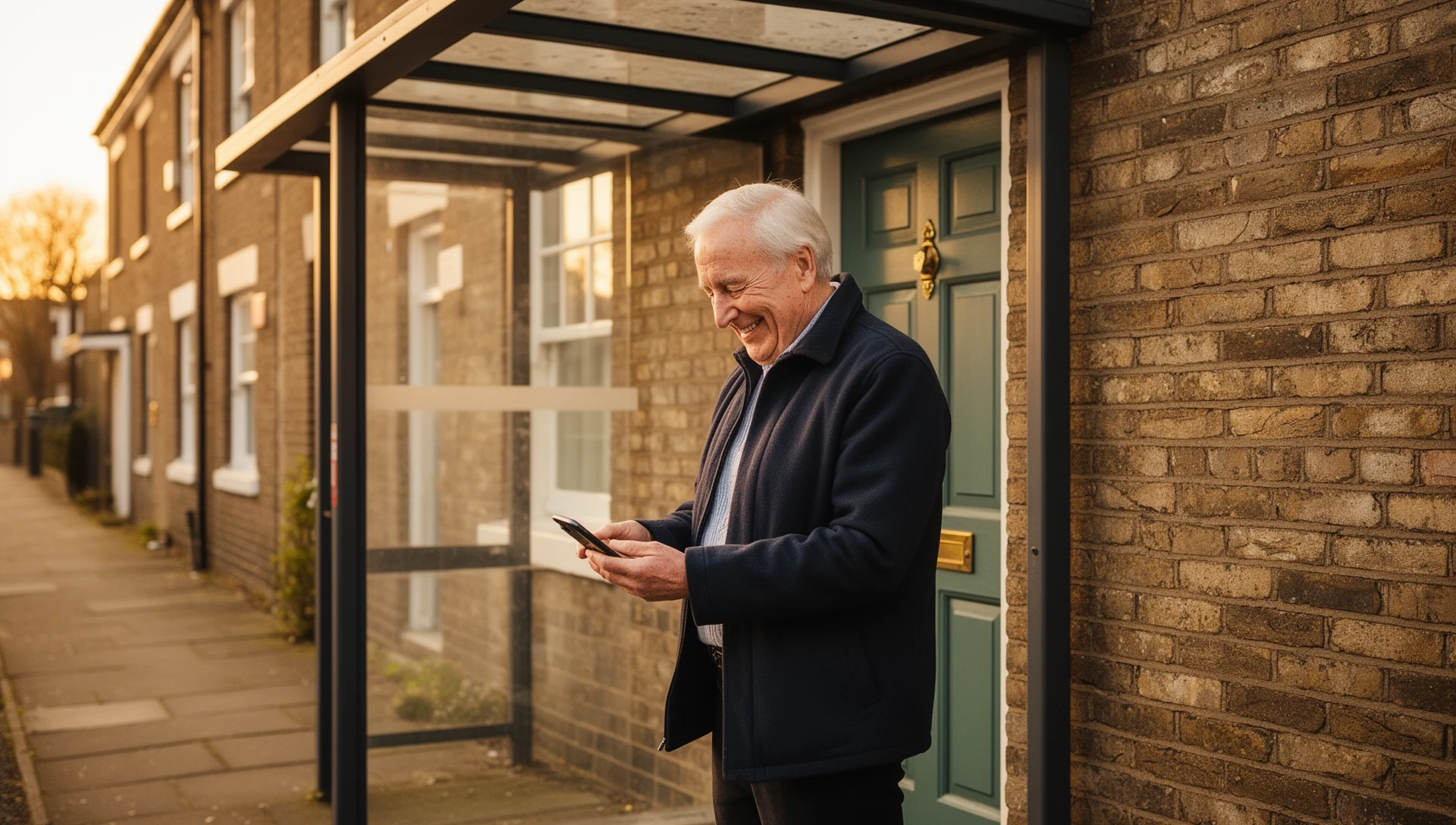 An older man stands at a bus stop, holding a smartphone in one hand, looking calm and self-reliant.
