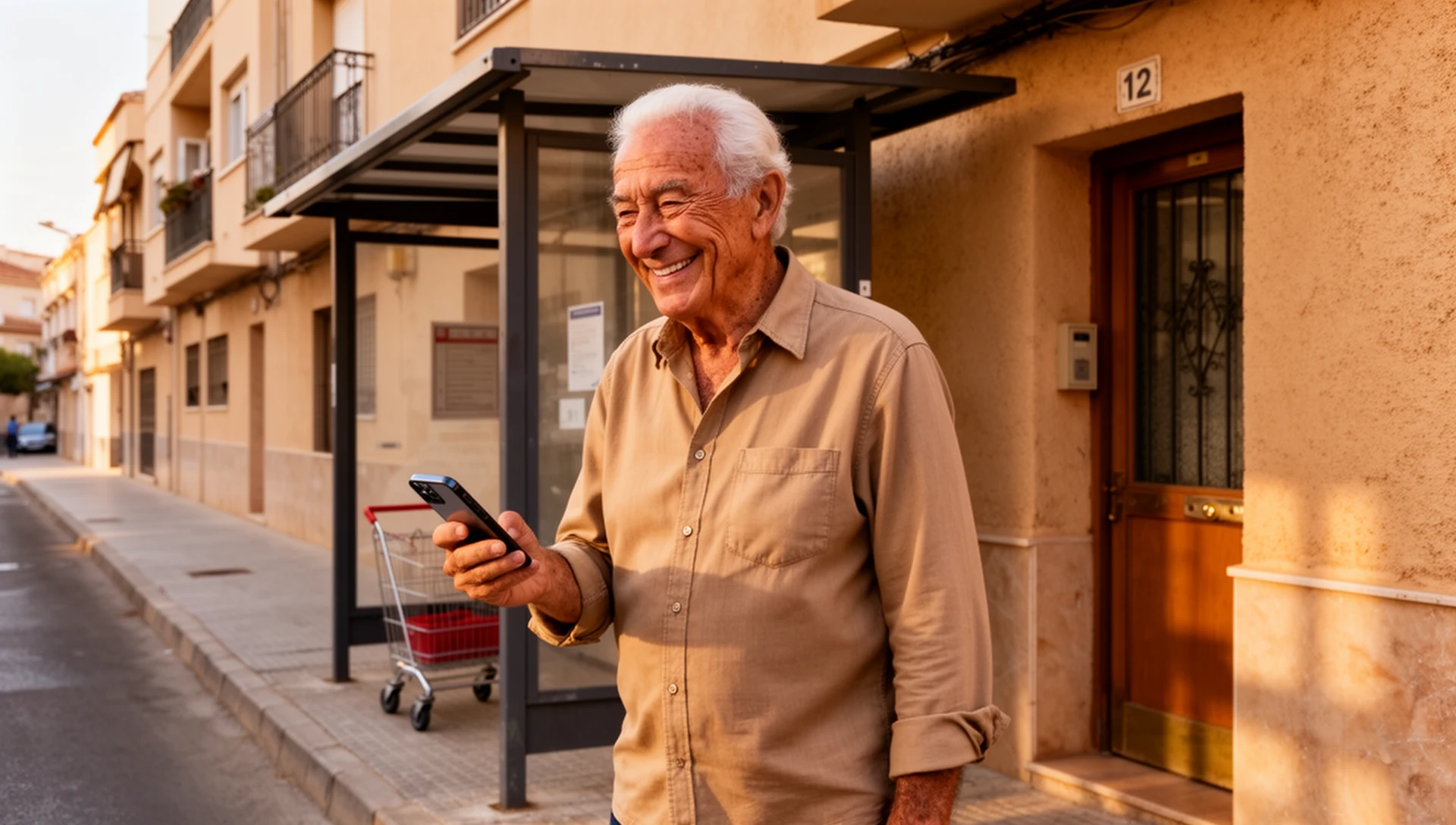 An older man stands calmly at a bus stop in a Spanish neighborhood, looking at his smartphone, conveying independence in daily routines.