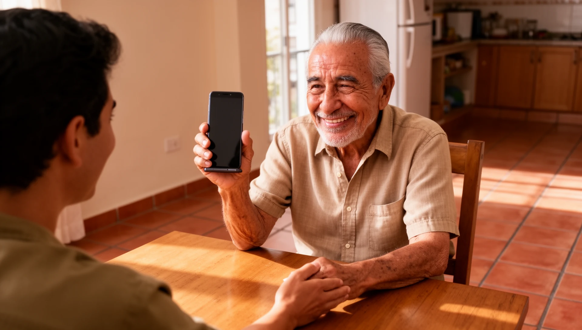 An adult child patiently helps their older parent adjust phone settings at a dining table, highlighting family support and the decision point for simplifying a phone.