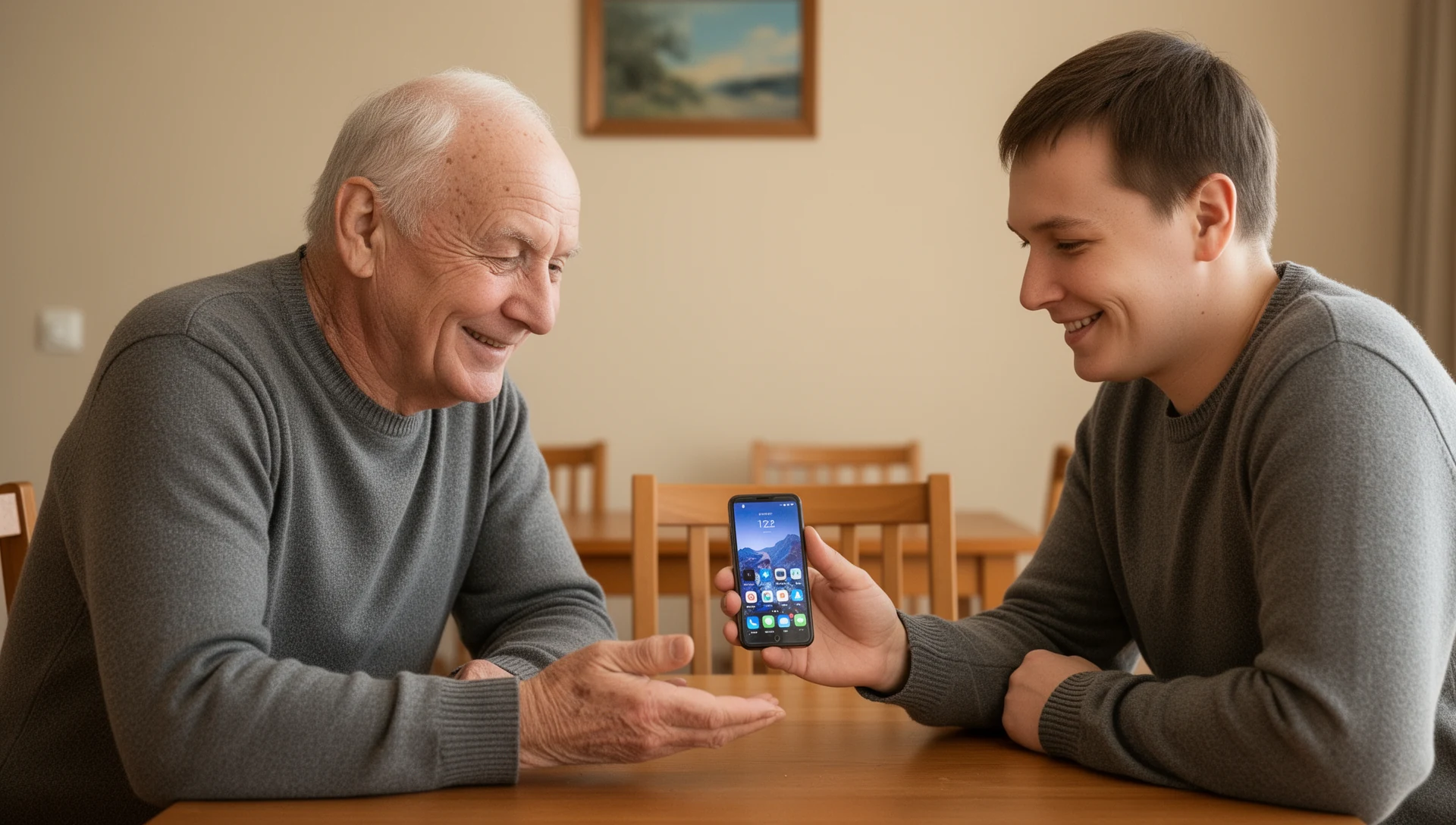 An adult child helps their older parent understand a smartphone at a dining table in an Estonian home, showing patience and support.