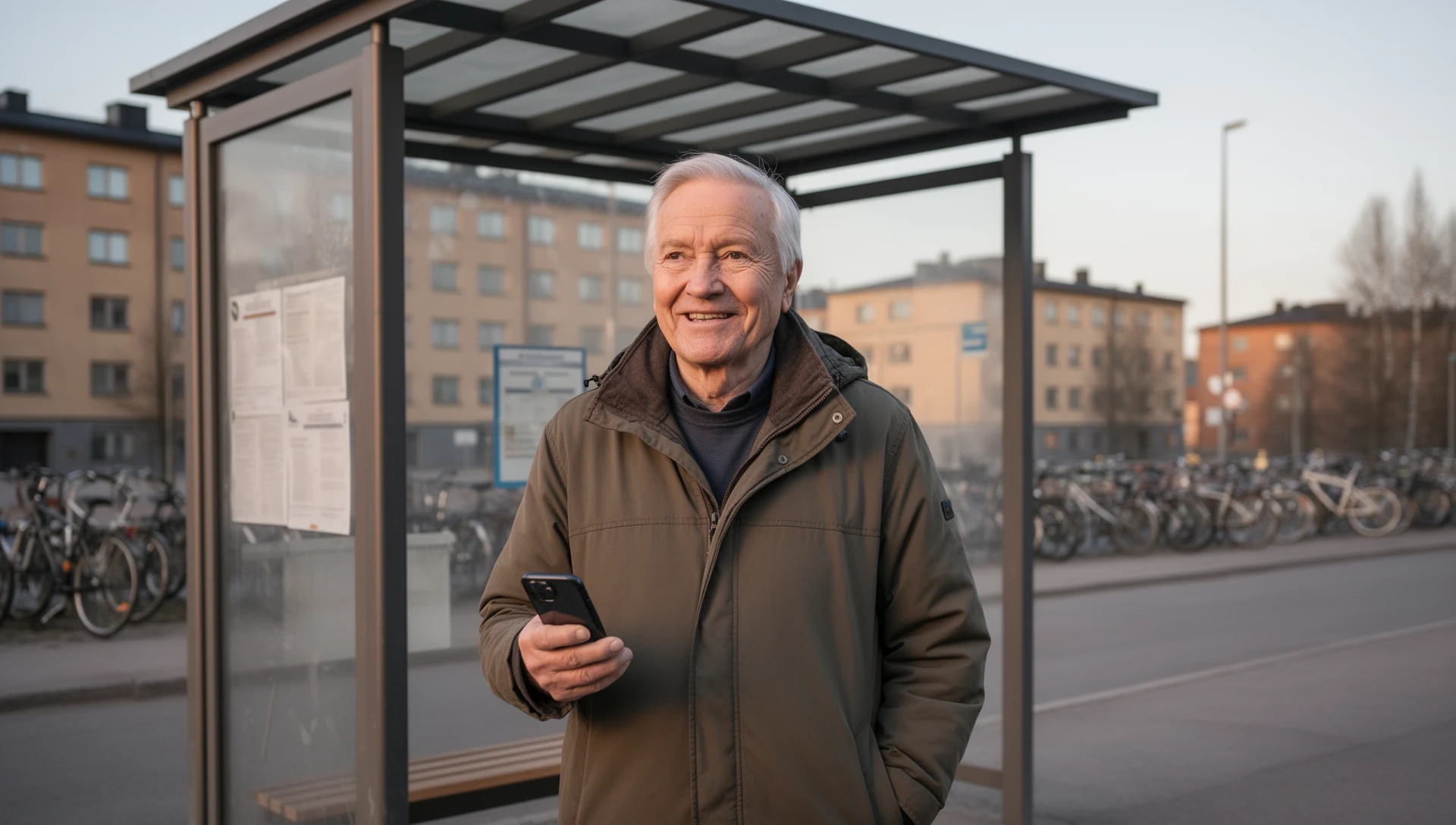 An older Finnish man confidently uses his phone at a bus stop, illustrating independence and ease of navigation.