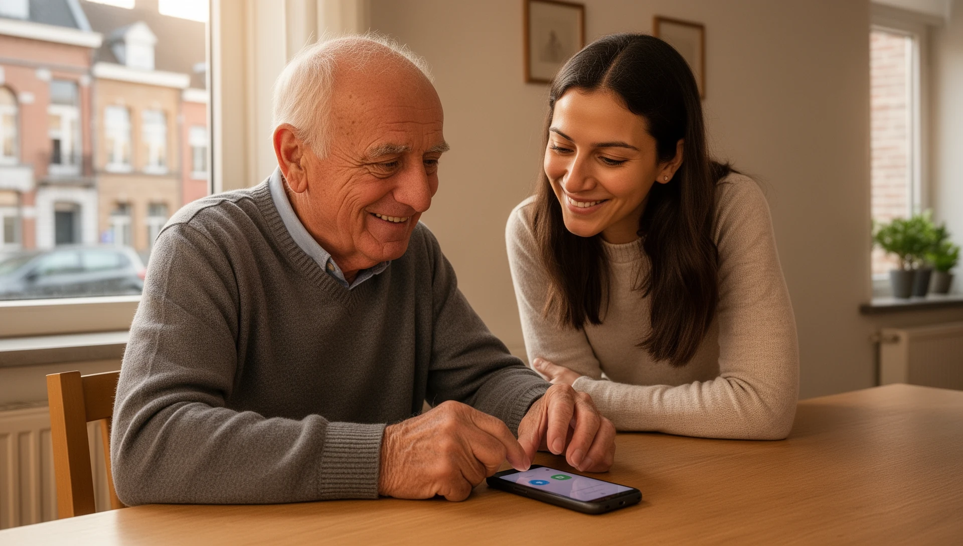 An adult daughter patiently assists her older father with his smartphone at a dining table, highlighting family support in tech adaptation.