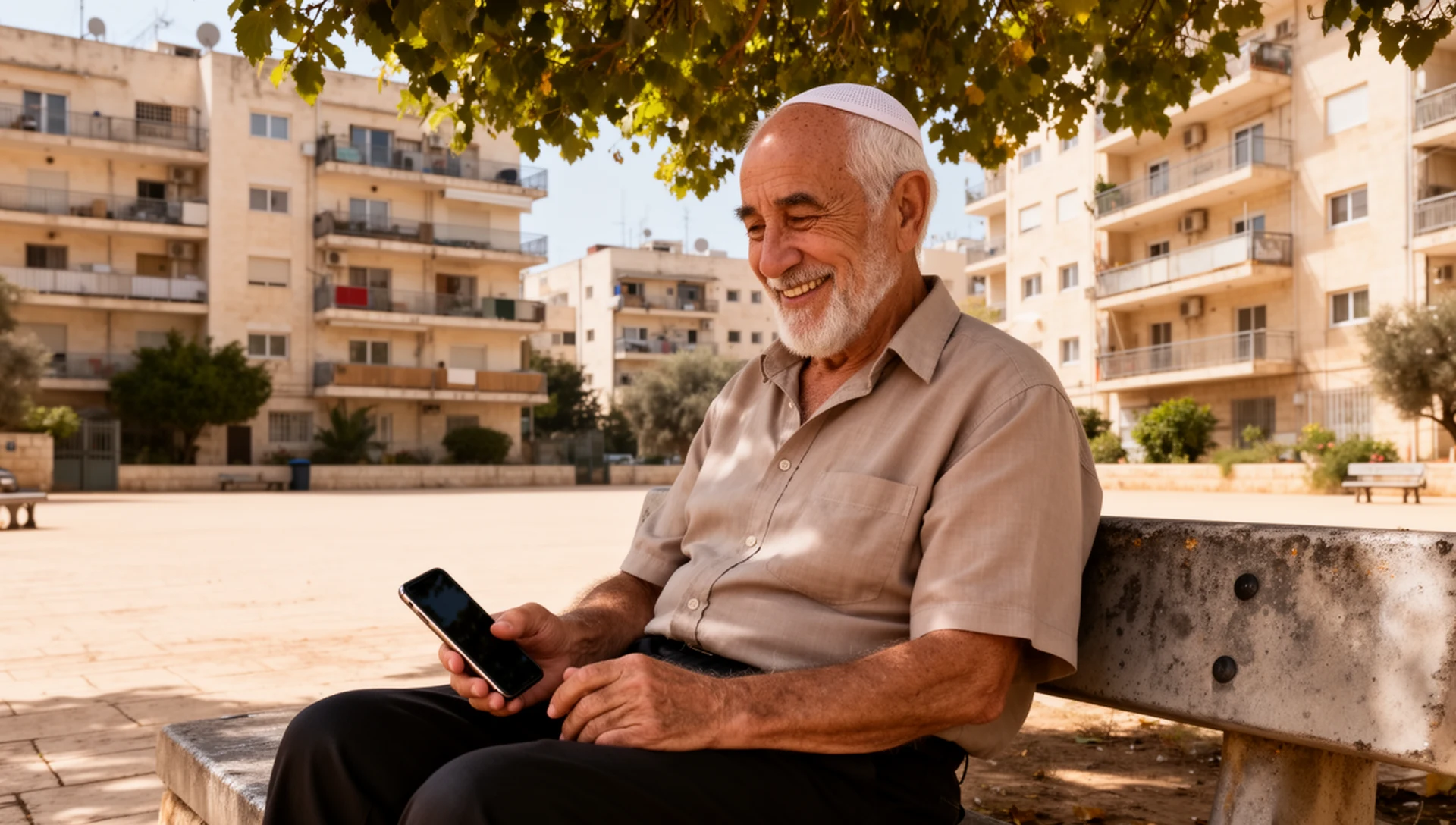 An older man sits on a public bench, looking at his phone with a thoughtful expression, navigating an errand.