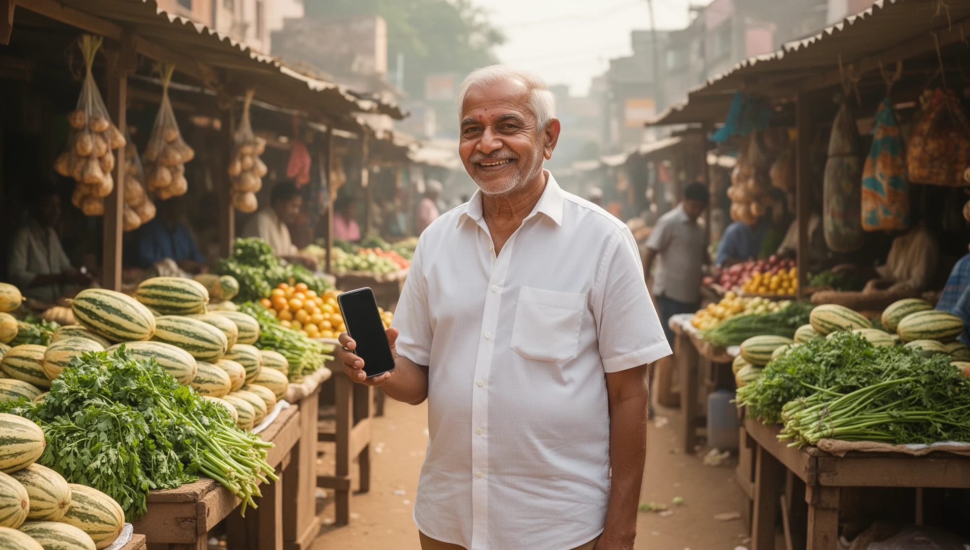 An elderly man pauses in a vibrant Indian street market, checking his phone with a sense of confidence and independence.