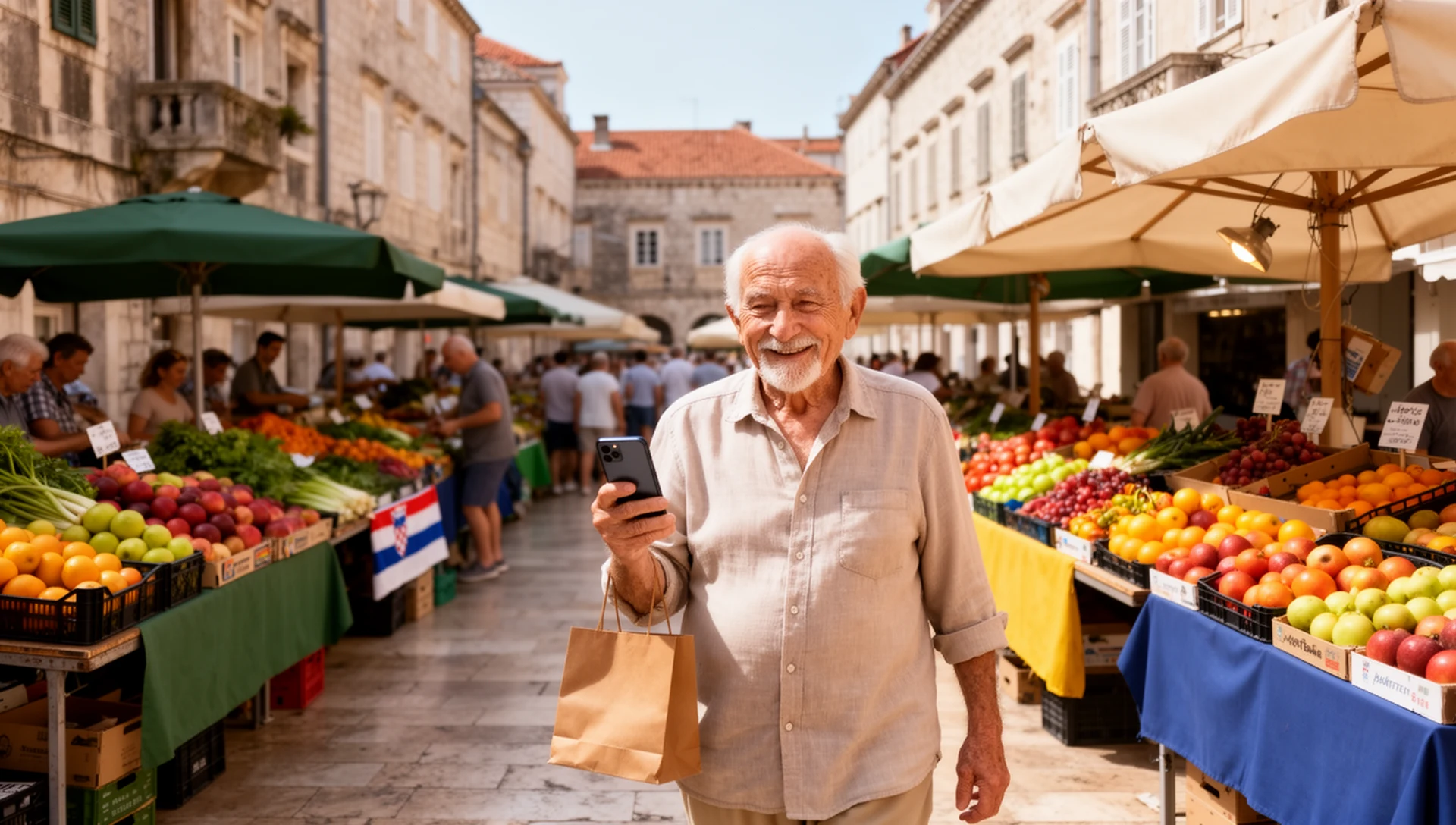 An older Croatian man confidently uses his simplified smartphone while shopping at a vibrant local market.