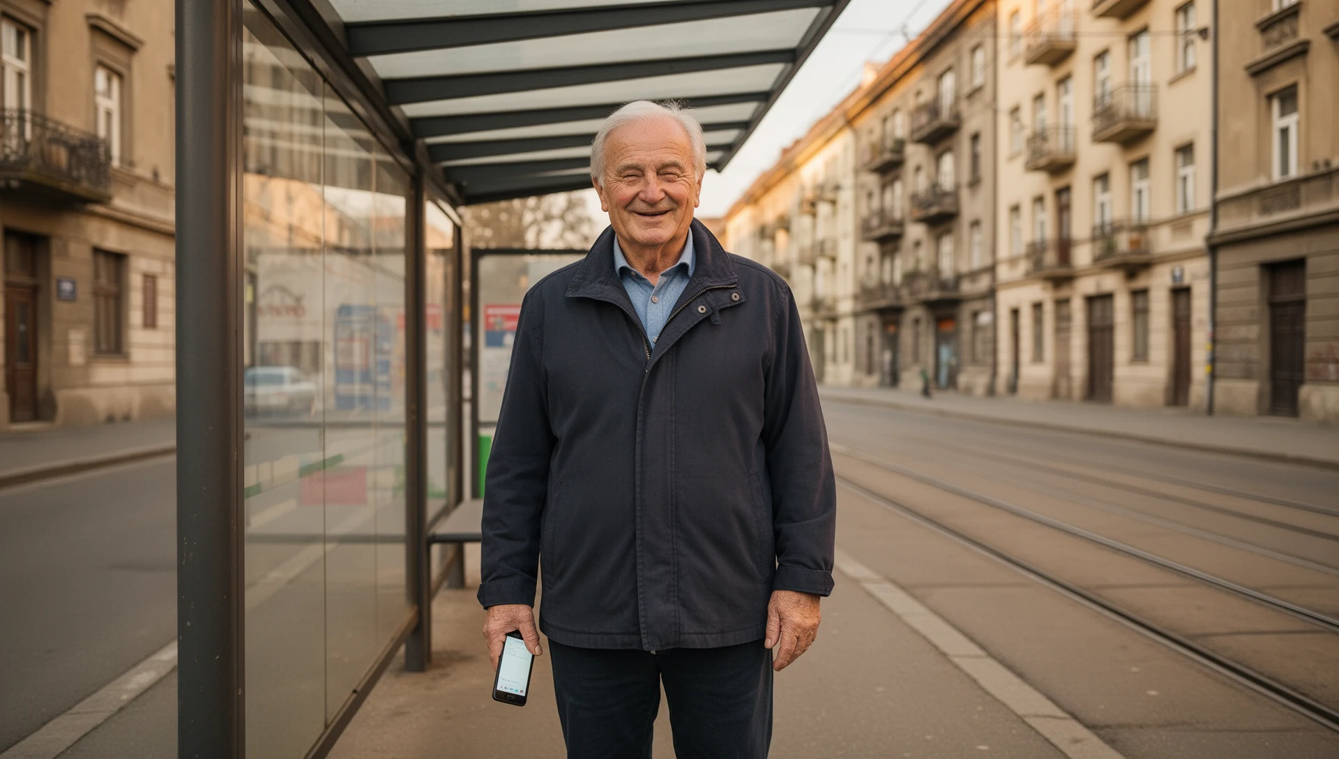 An older Hungarian man stands calmly at a tram stop, confidently holding his phone, reflecting ease of use in daily errands.
