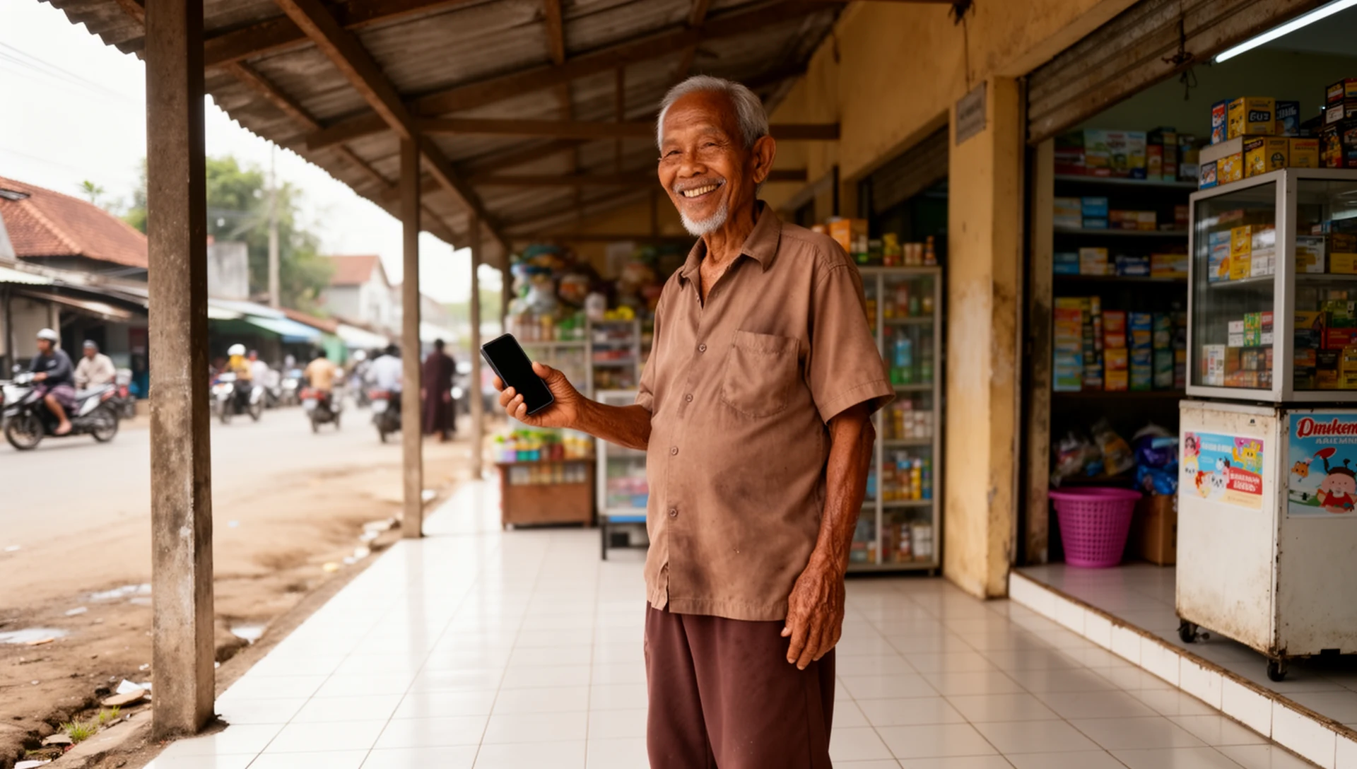 An older Indonesian man confidently checking his phone while pausing outside a local minimarket, illustrating independent daily life.