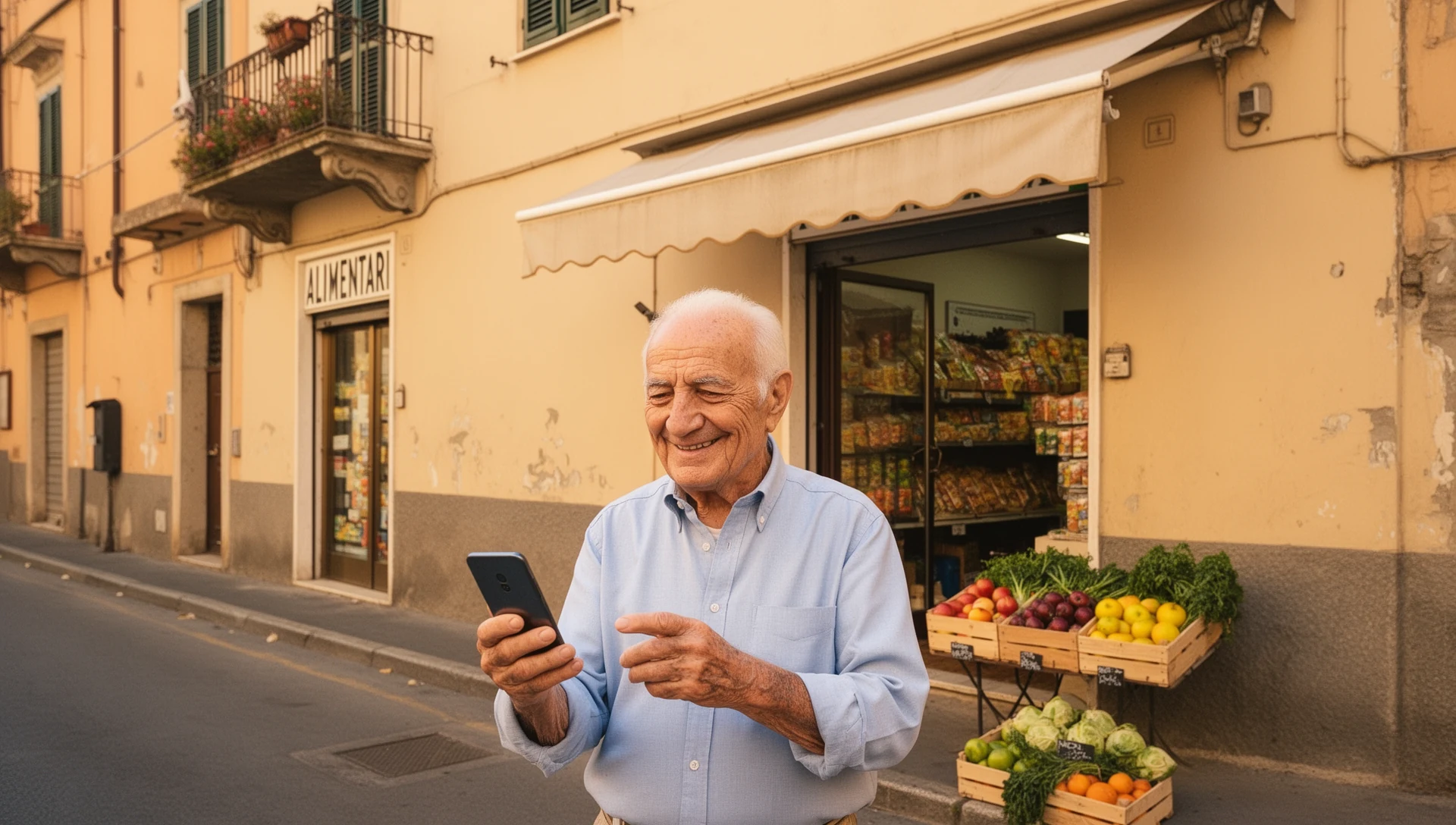 An elderly Italian man checking his phone confidently outside a local 'alimentari' shop.