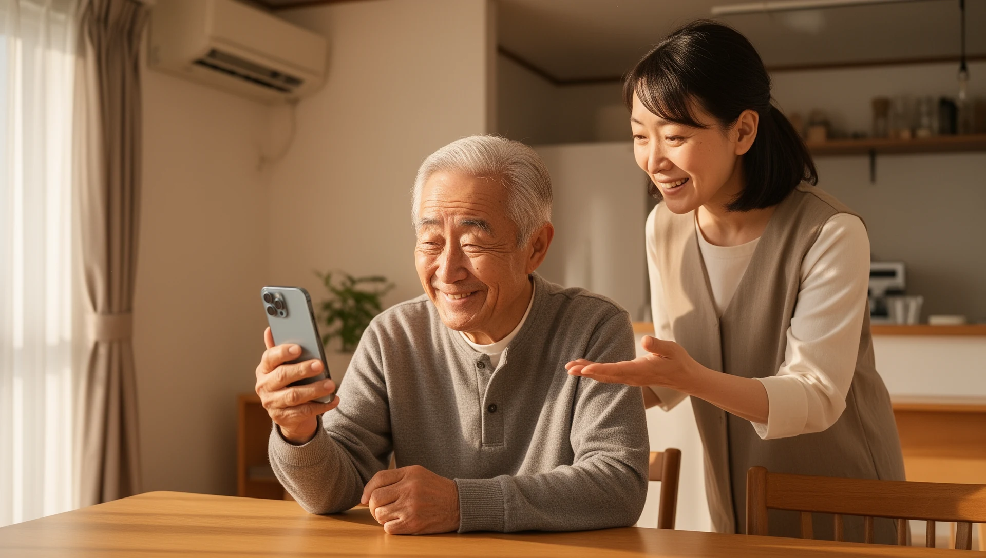 An adult daughter patiently guides her older father through his smartphone settings at a dining table, emphasizing family support and the 'handover test' concept.