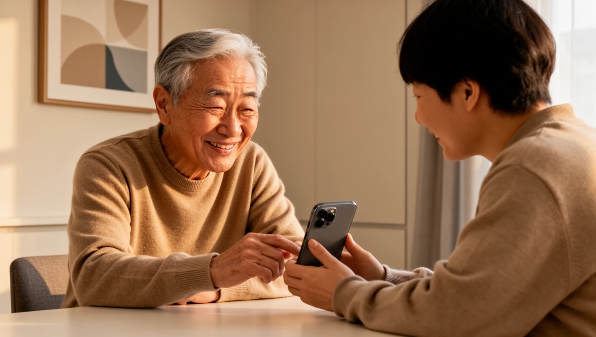Illustrate the moment of family support and guidance when introducing new settings or a simplified launcher to an older family member.
