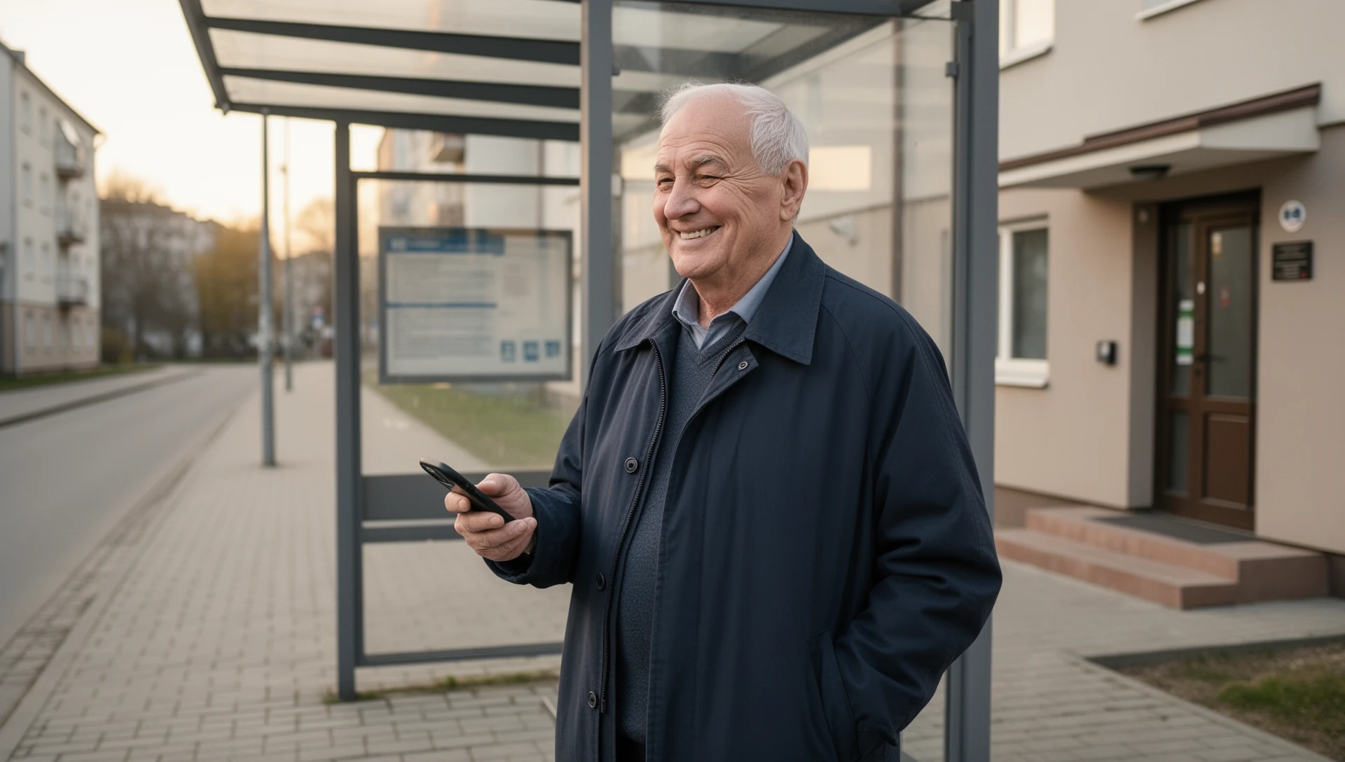 An older man confidently uses his phone at a bus stop, showing independence in daily errands.
