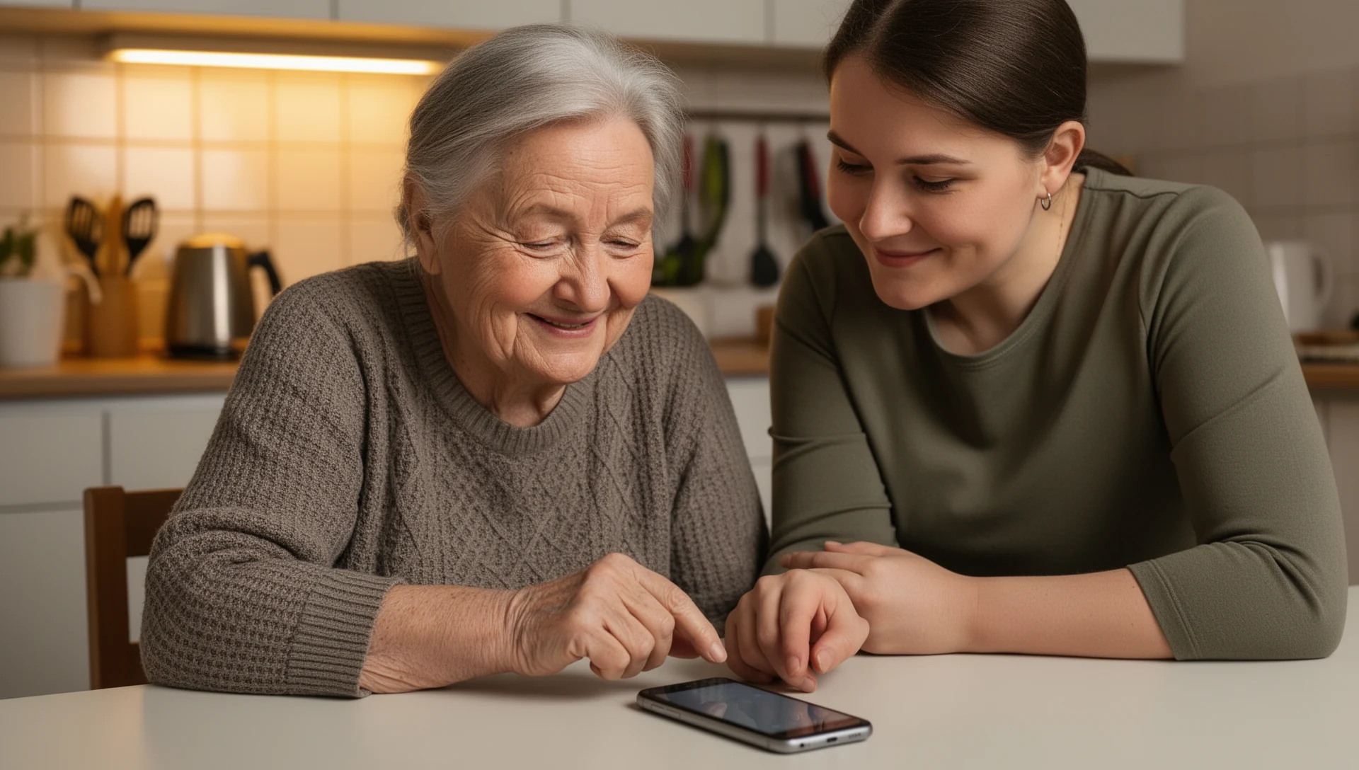 An adult daughter gently showing her elderly mother how to use a smartphone in a kitchen, emphasizing patient family support.