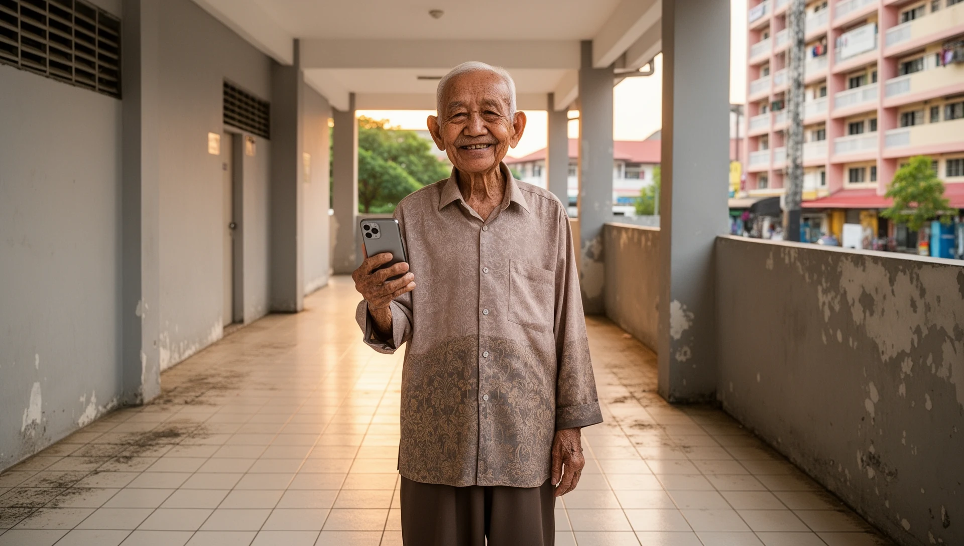 An elderly Malay man uses his simplified Android phone confidently while walking in a Malaysian neighborhood.