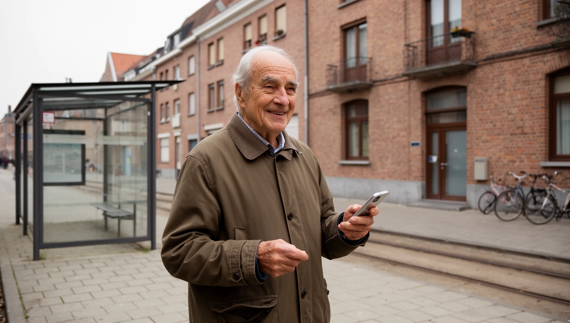An older man stands calmly at a Flemish tram stop, checking his phone, illustrating the ease and independence gained from a simplified Android experience.