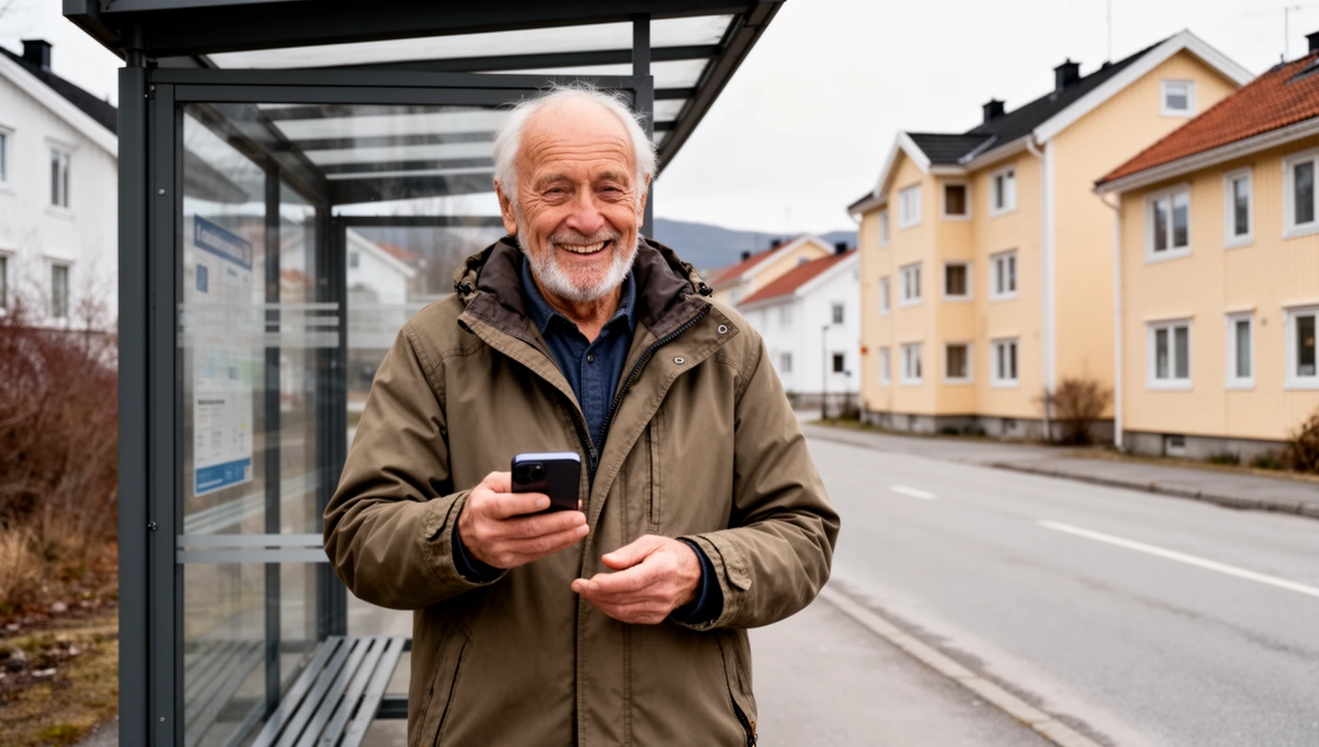 An older man stands calmly at a Norwegian bus stop, holding a smartphone in his hand, looking at it with a confident expression.