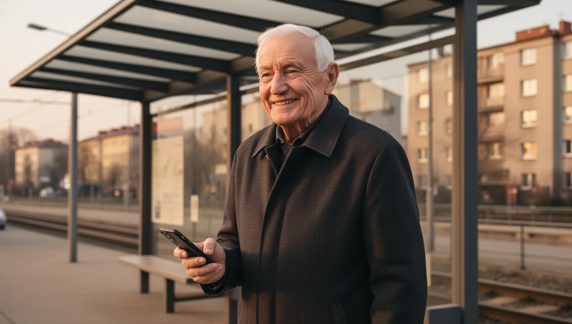 An older man standing at a Polish tram stop, calmly checking his smartphone, demonstrating self-reliance and ease of use.