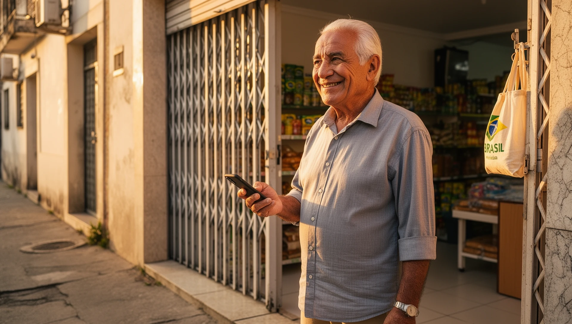 An older Brazilian man stands on a sidewalk outside a small, local grocery store, calmly looking at his smartphone held in his hand. He appears confident and self-reliant.