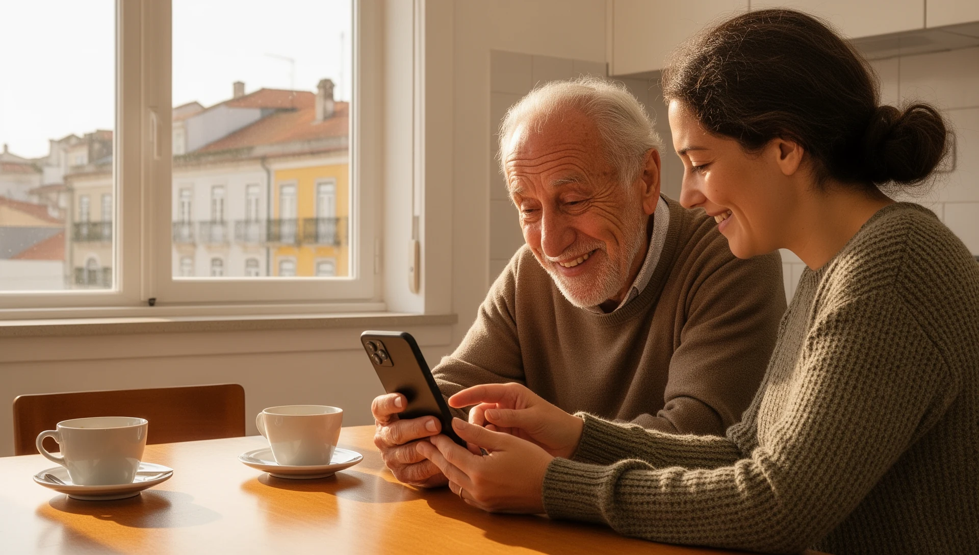 An older man holds his smartphone while an adult family member points to something on the screen, both focused on the device at a kitchen table.