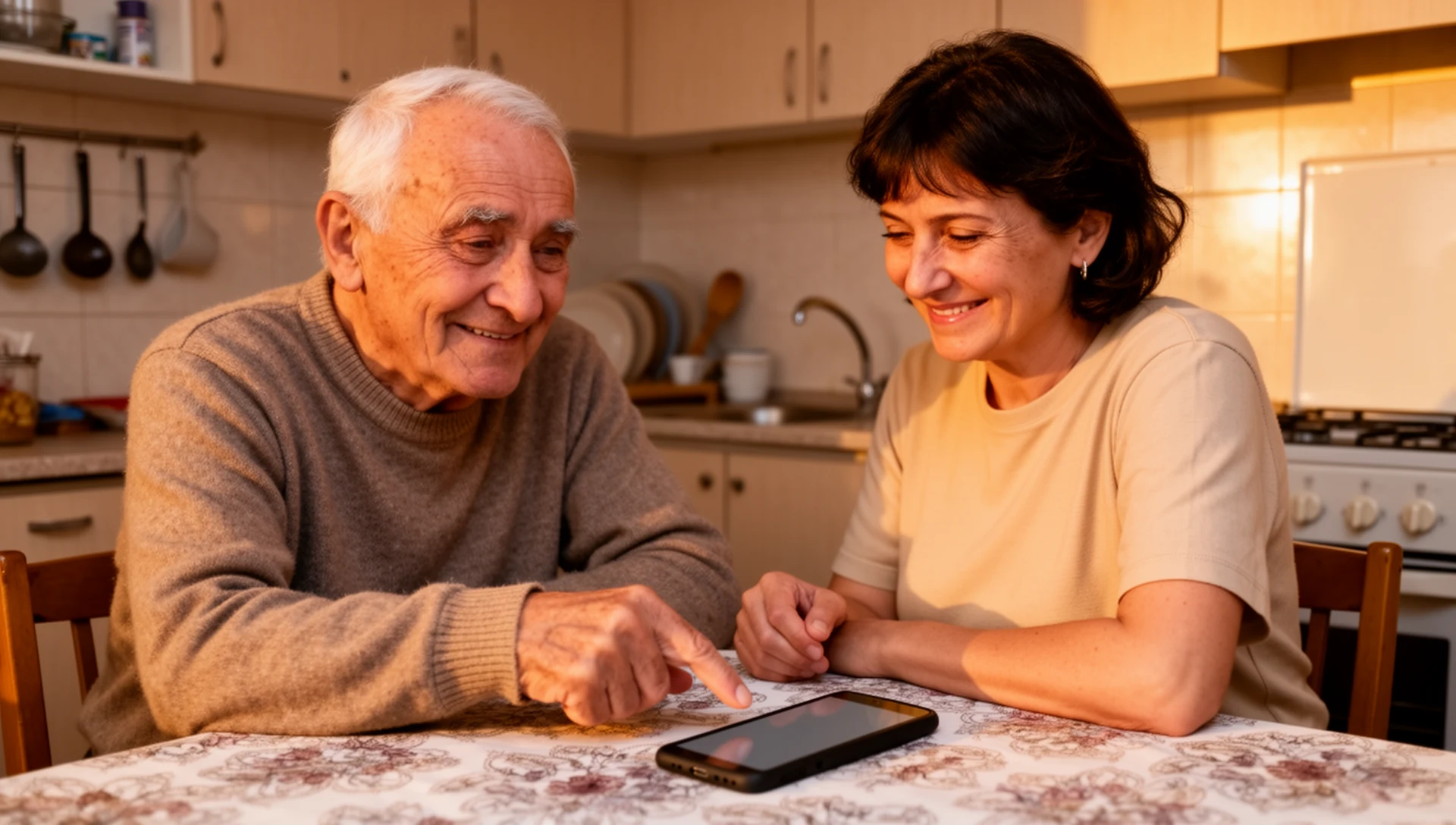 Illustrate the supportive role of family in helping an older parent adapt to a new phone interface.