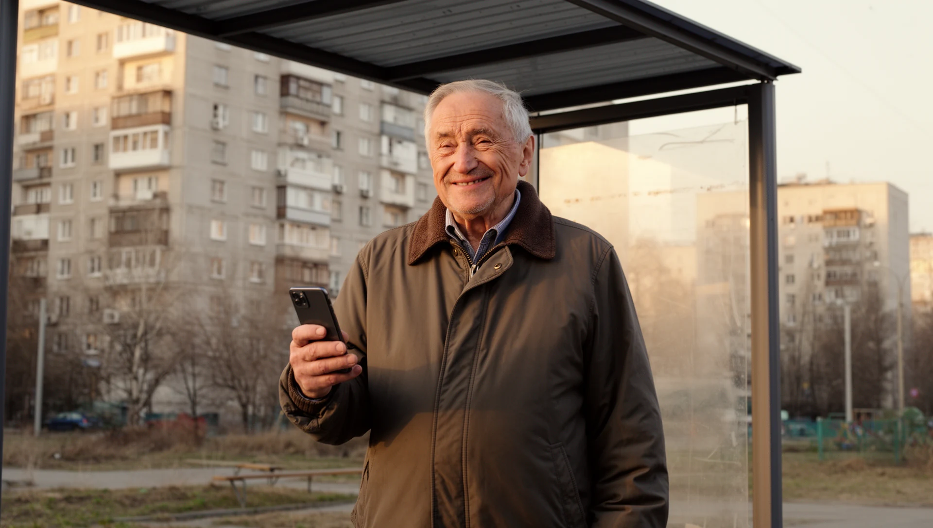 An older man stands calmly at a bus stop in a Russian city, checking his phone with ease, demonstrating independence in daily errands.