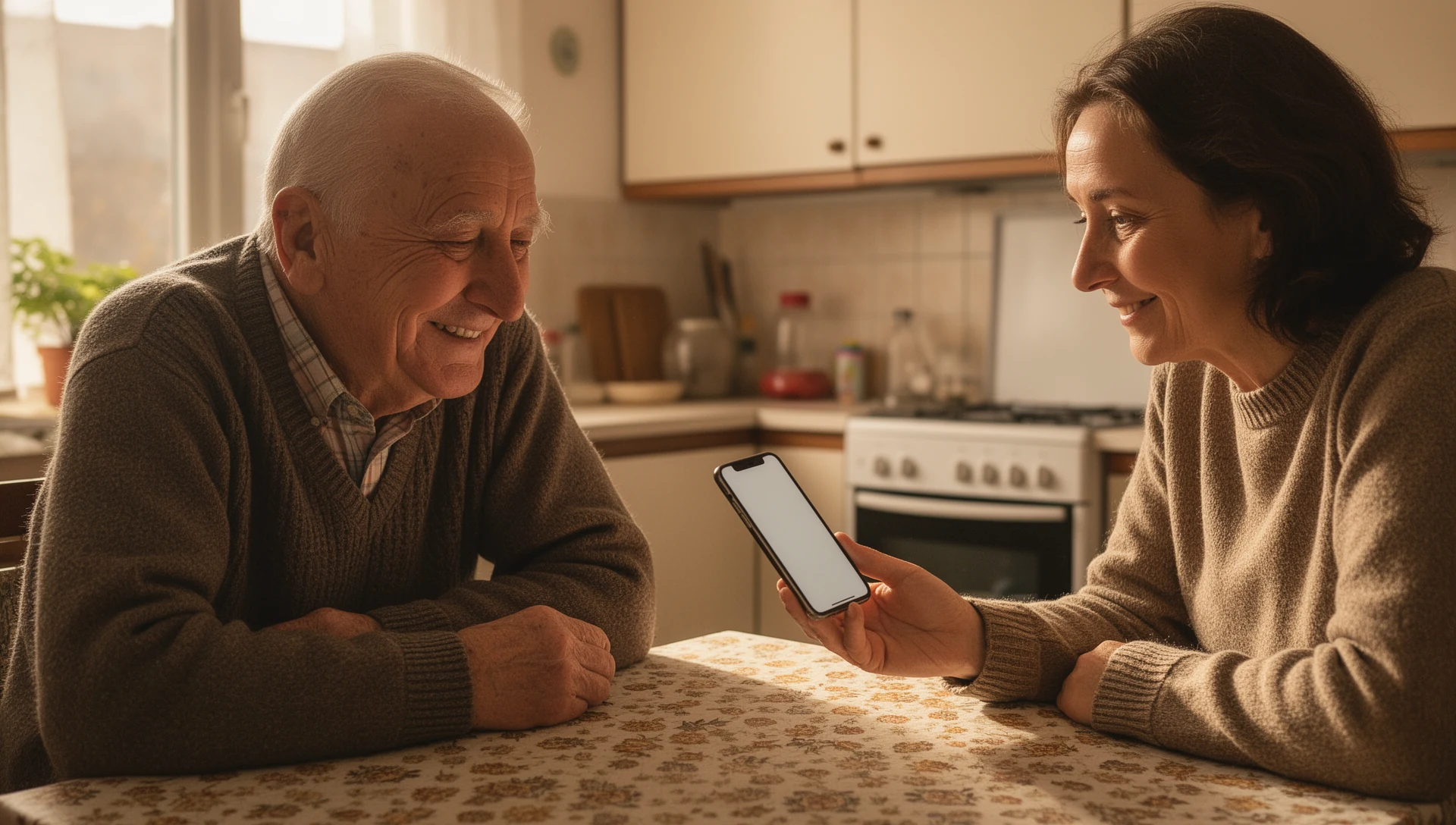 An adult daughter patiently helps her older father with his phone at a kitchen table in a Slovak apartment, showing calm family support.