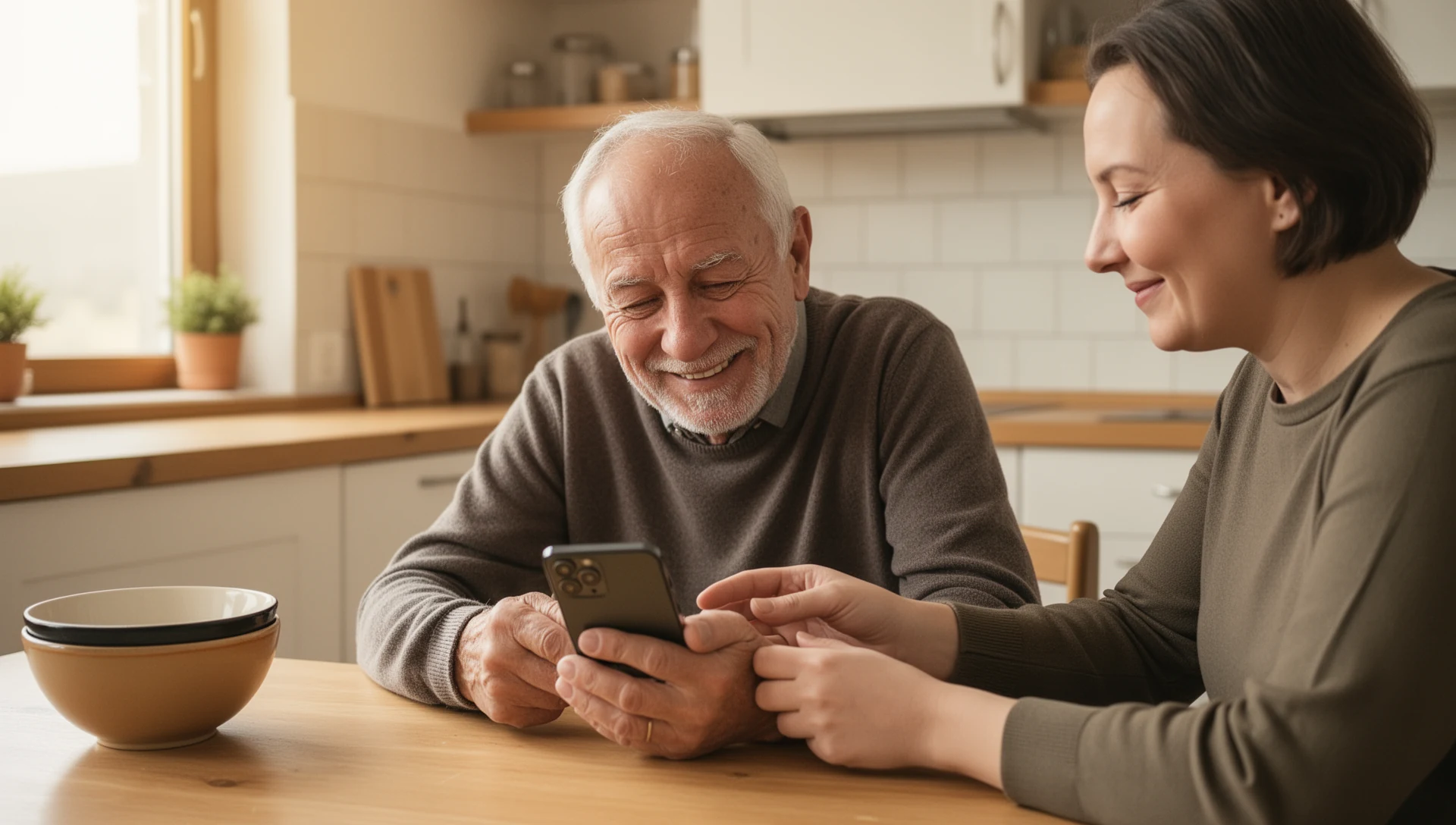 An older man and an adult woman sit at a kitchen table, the man holding a phone while the woman subtly points, indicating a supportive setup moment.