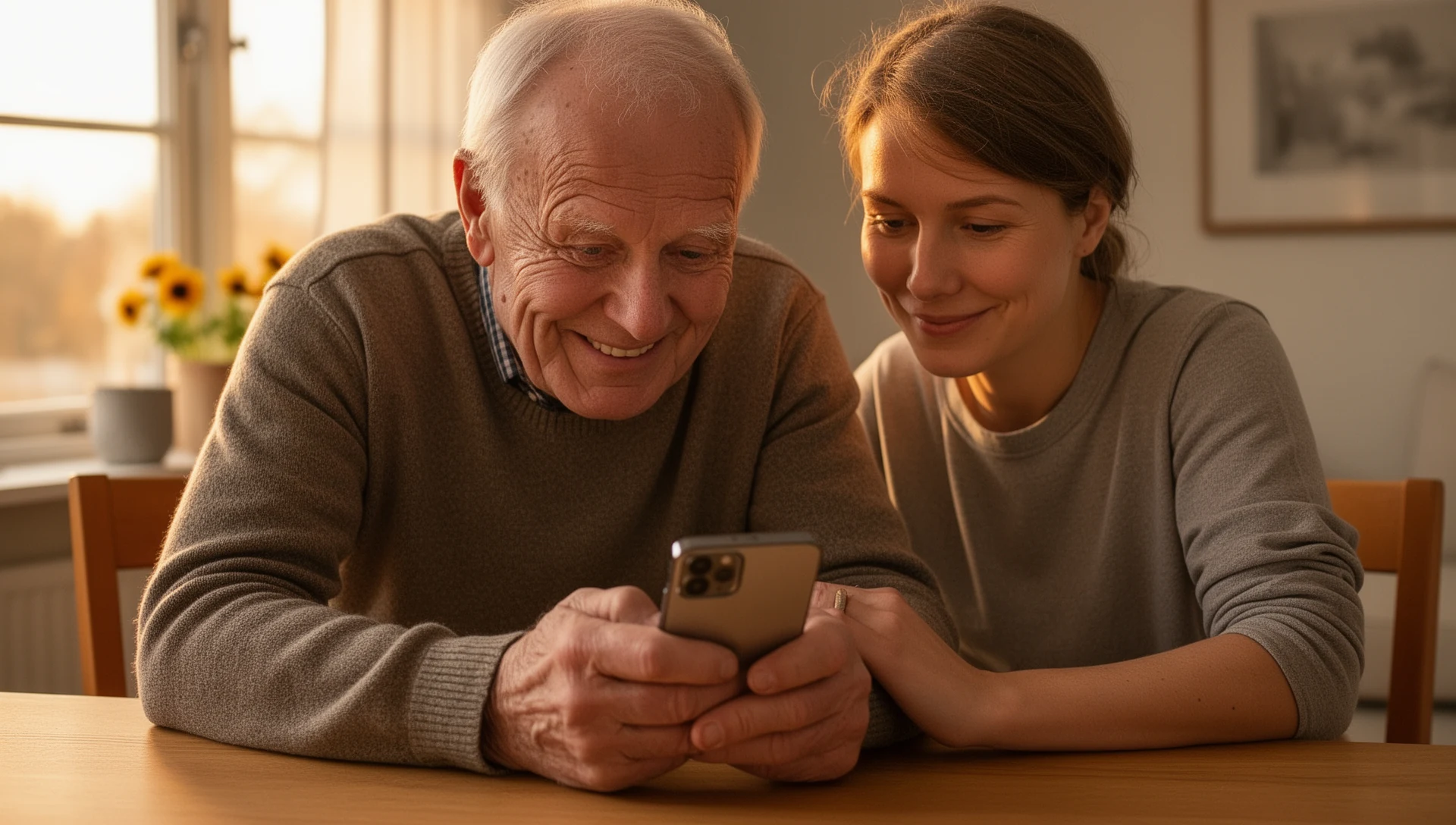 An adult daughter helps her older father with his phone at a dining table, both looking at the device.