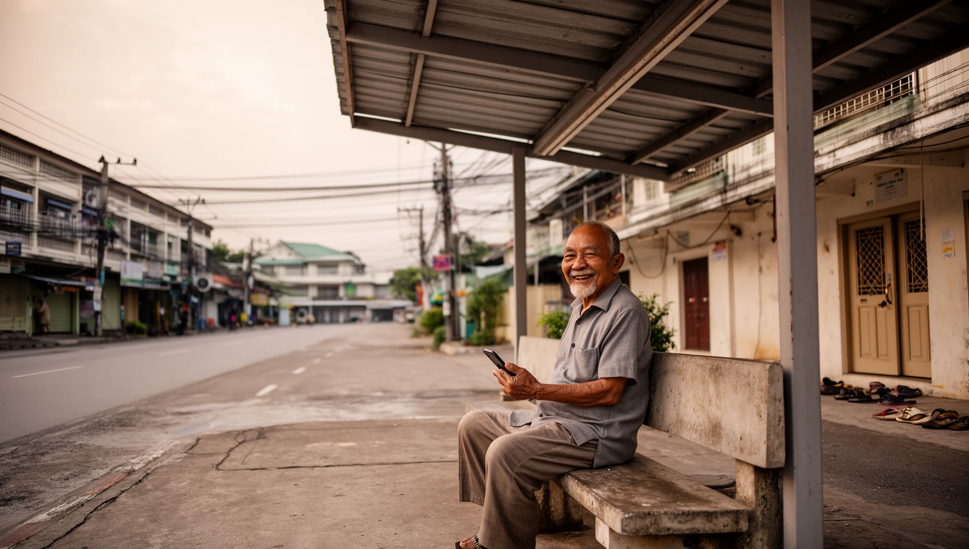 An older man sits calmly at a covered bus stop, holding his phone, looking relaxed and self-sufficient.