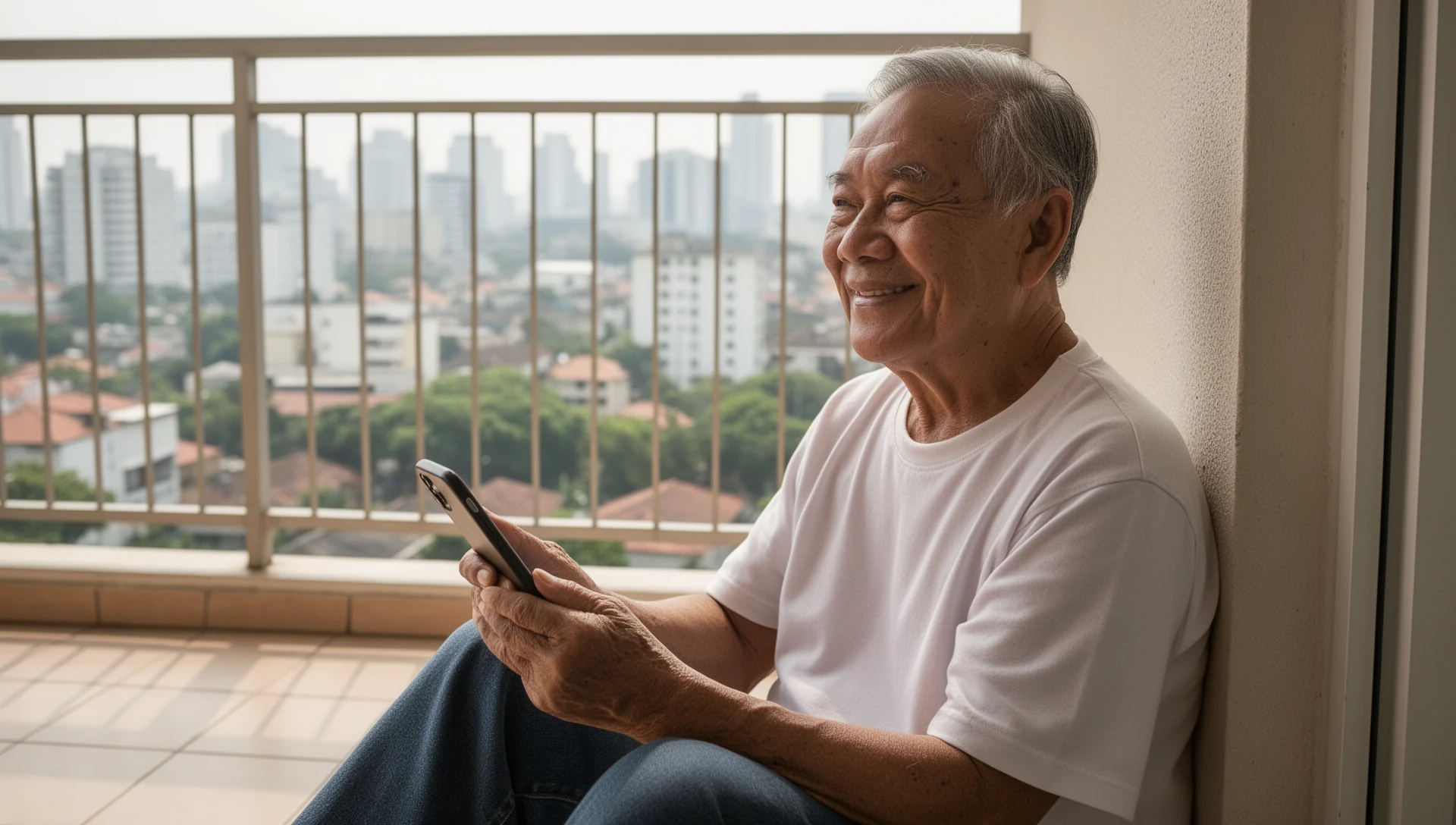 An older man sits on a small balcony connected to his apartment, holding a smartphone loosely near his chest, looking out calmly.