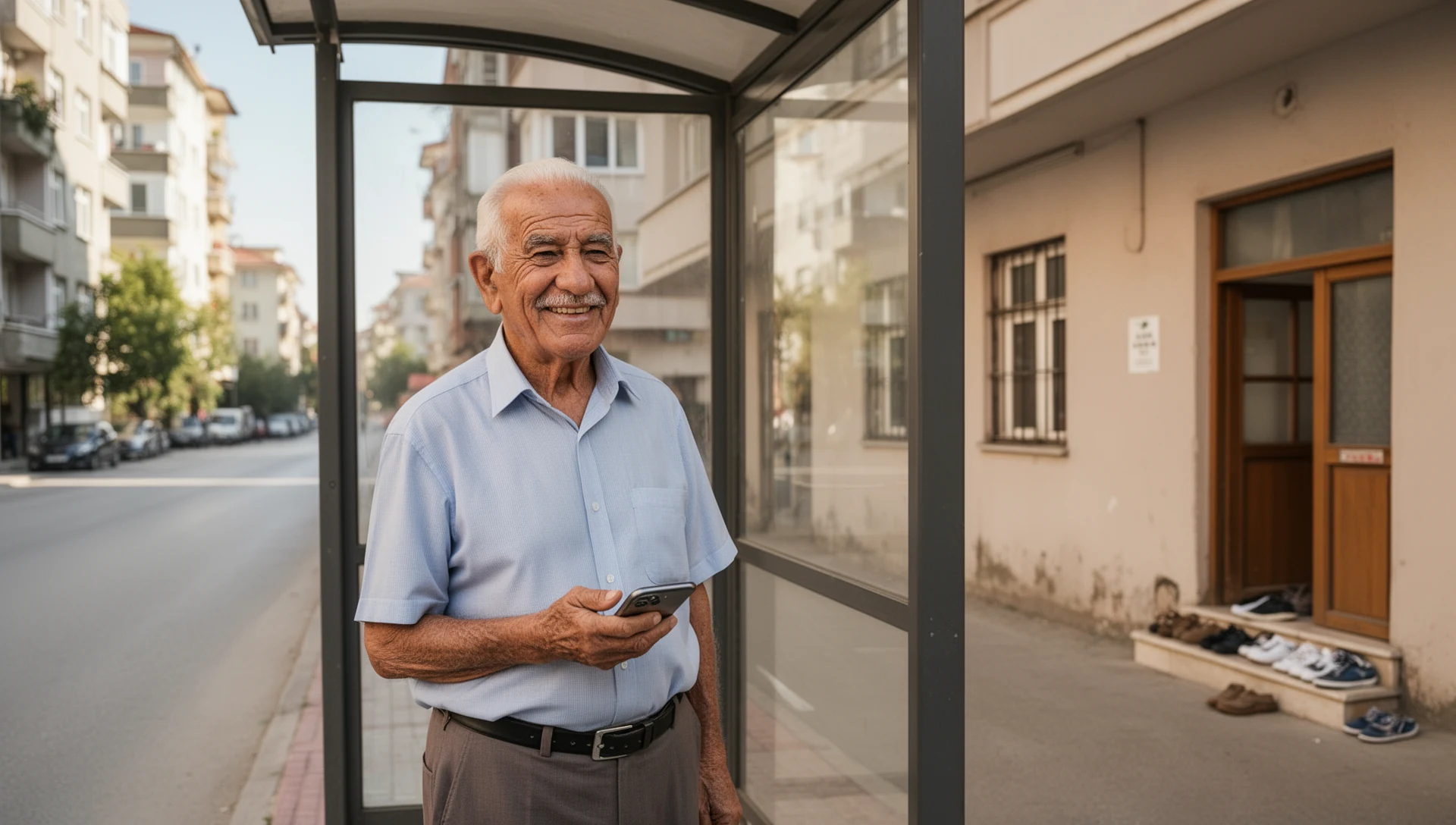 Illustrating the ease and confidence of an older person using their simplified Android phone in daily public life.