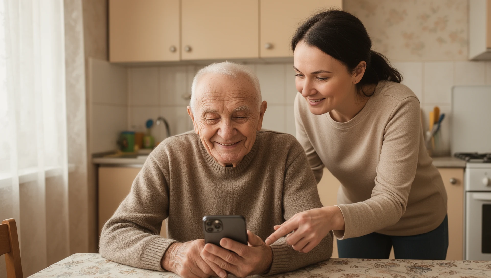 Illustrate the supportive role of family in helping seniors adapt to technology, emphasizing dignity and engagement.