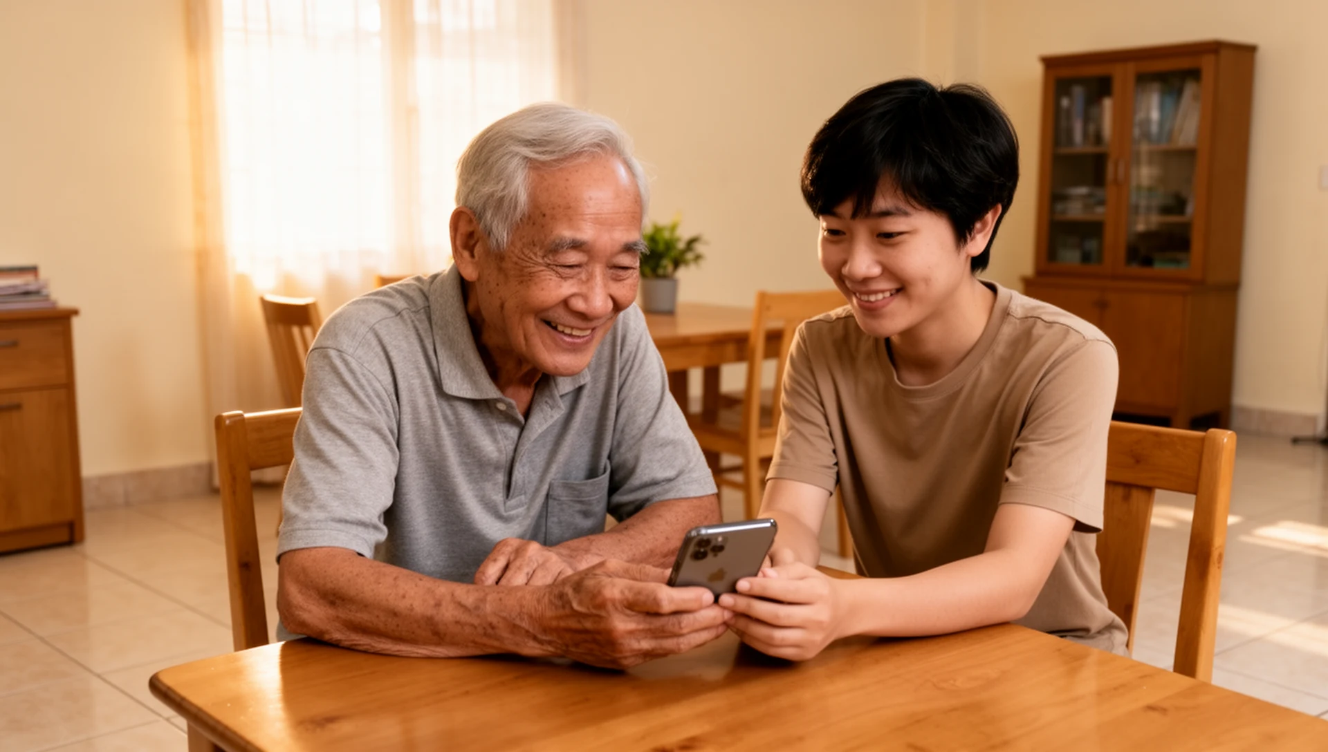 An adult daughter helps her older father with his Android phone at their dining table, fostering trust and learning.