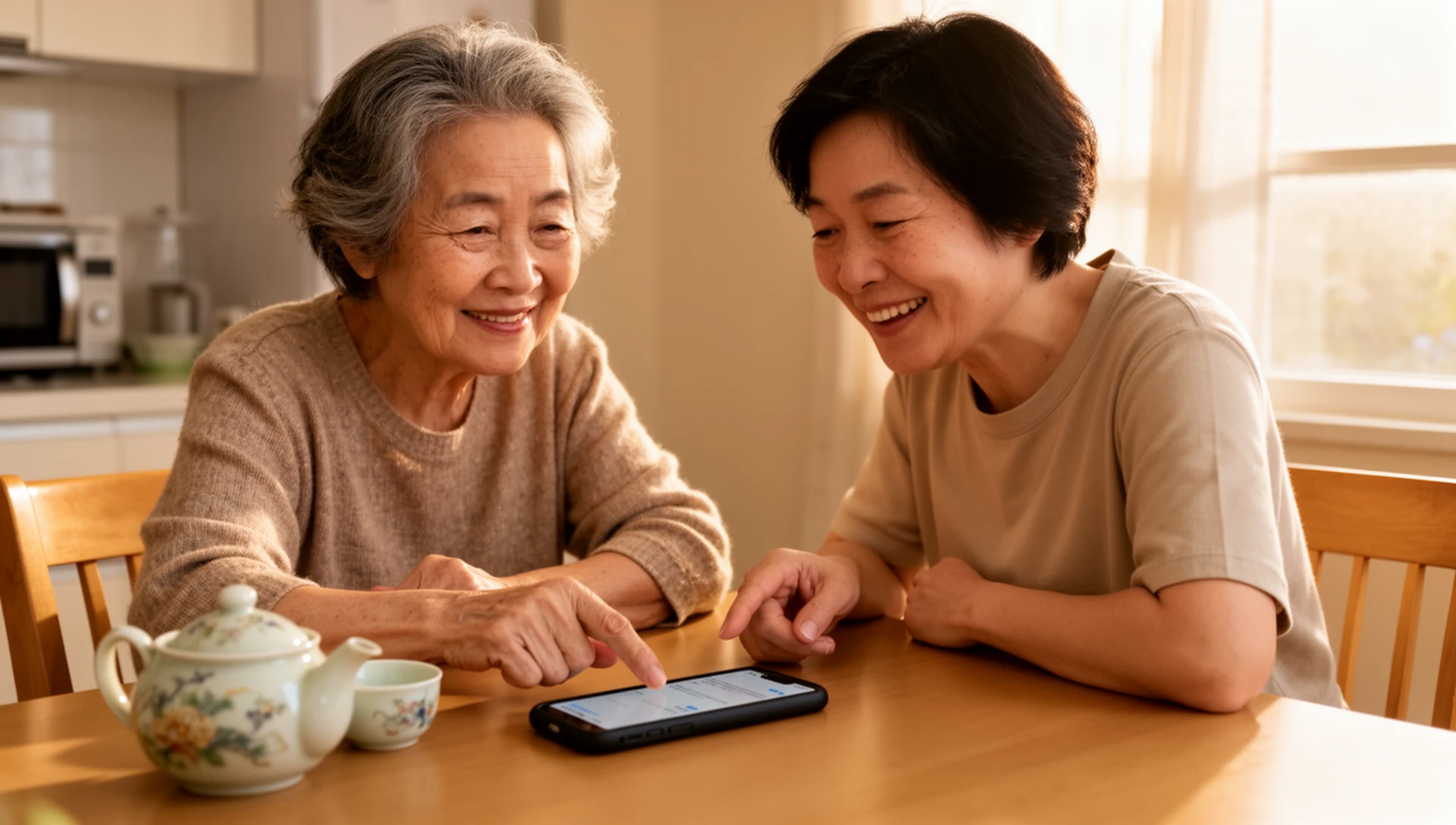 An adult daughter helps her older mother with her smartphone settings at a dining table in a Taiwanese home, showing supportive family interaction.