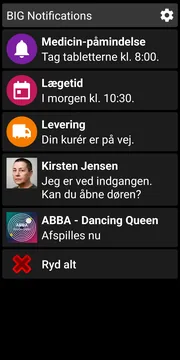 BIG Notifications notifikationsliste med mørkt tema