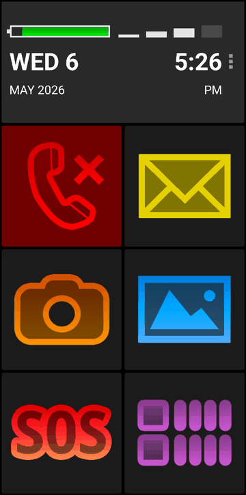 BIG Launcher dark-theme home screen with missed-call animation